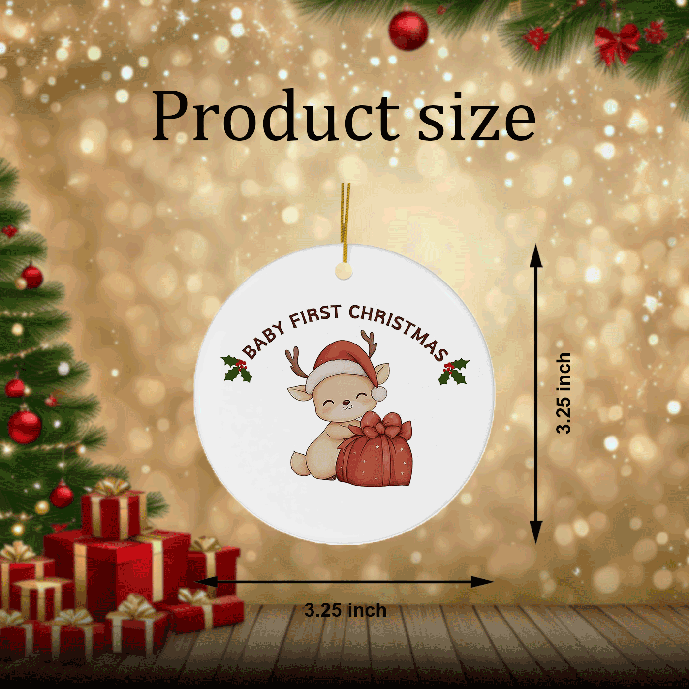 Cute Reindeer with Gift | Baby's First Christmas | Ceramic Ornament