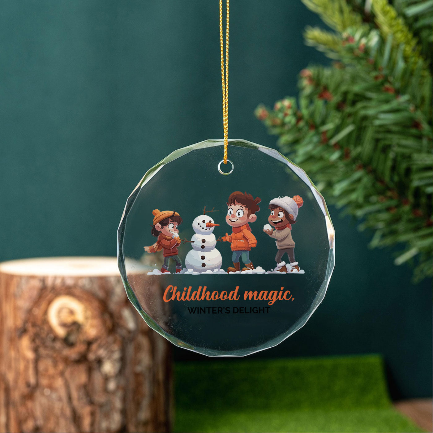 Snow Day Fun Christmas | Kids Building a Snowman | Glass Ornament