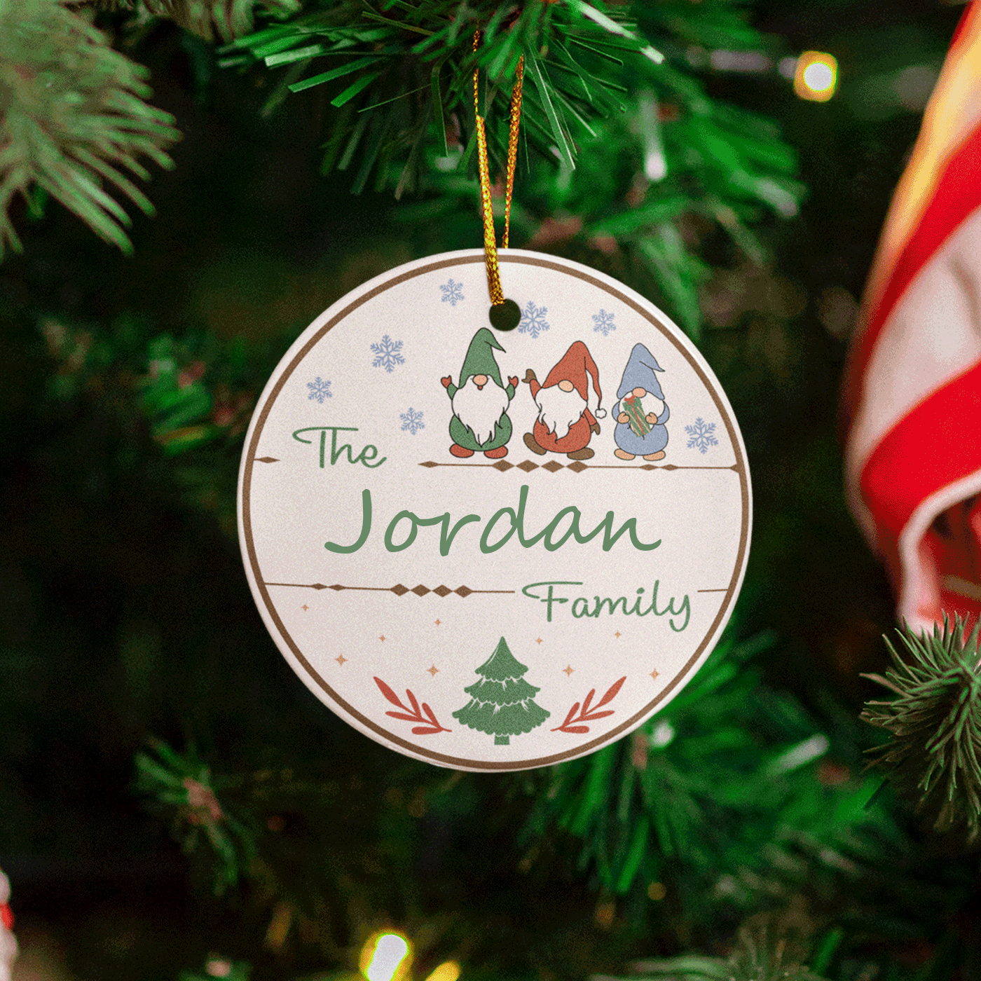 Custom Family Christmas | Festive Gnome Theme | Ceramic Ornament