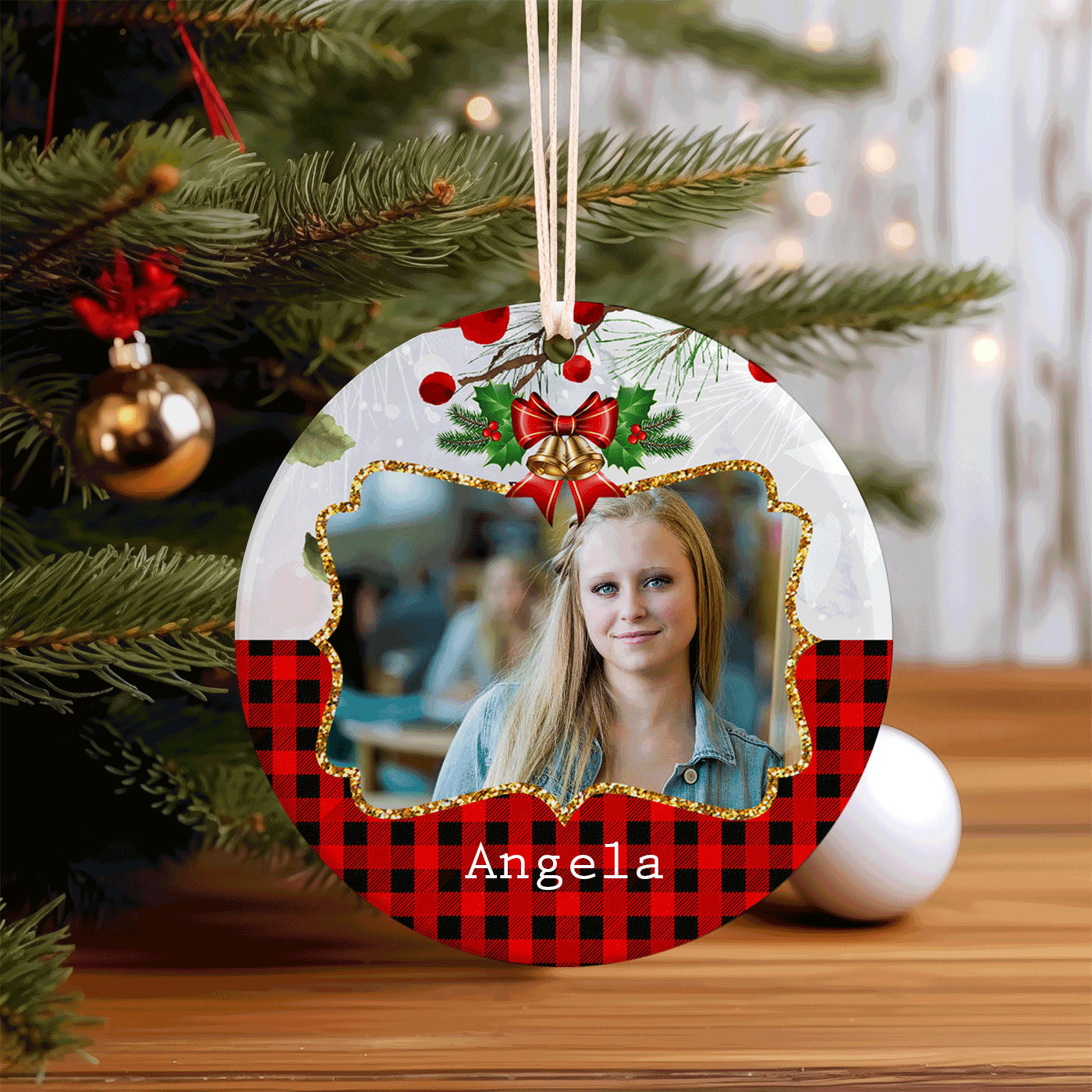 Festive Christmas with Bells and Buffalo Plaid | Classic Holiday Decor | Ceramic Ornament