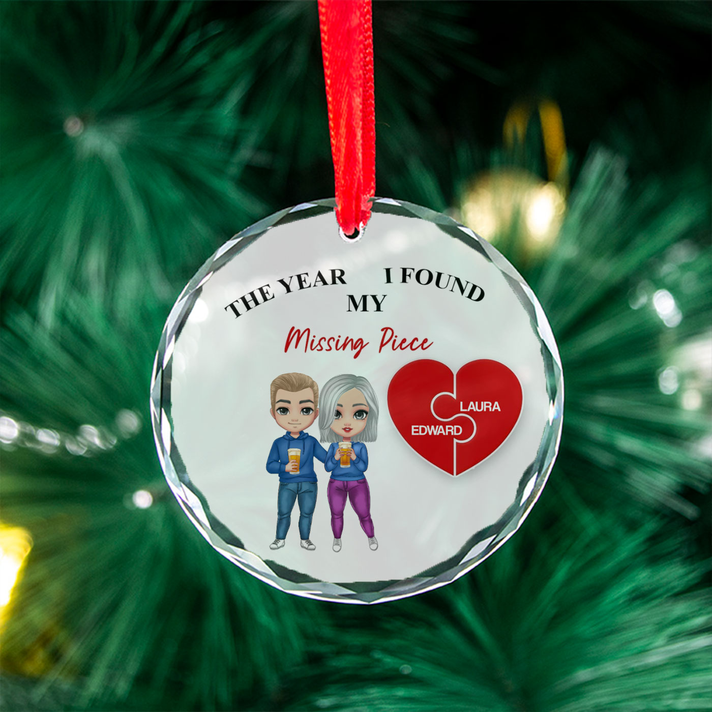 Custom Wedding Christmas Glass Ornament - The Year I Found My Missing Piece