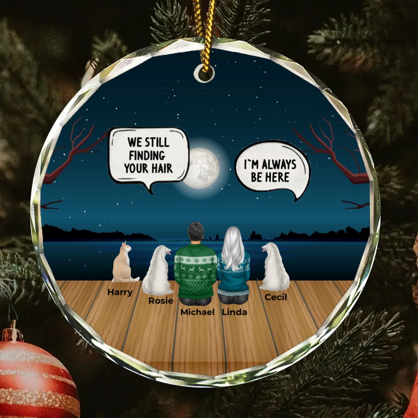 Customizable Crystal Glass Ornament | Christmas with Family with Pets & Personalized Backgrounds in Round Ornaments
