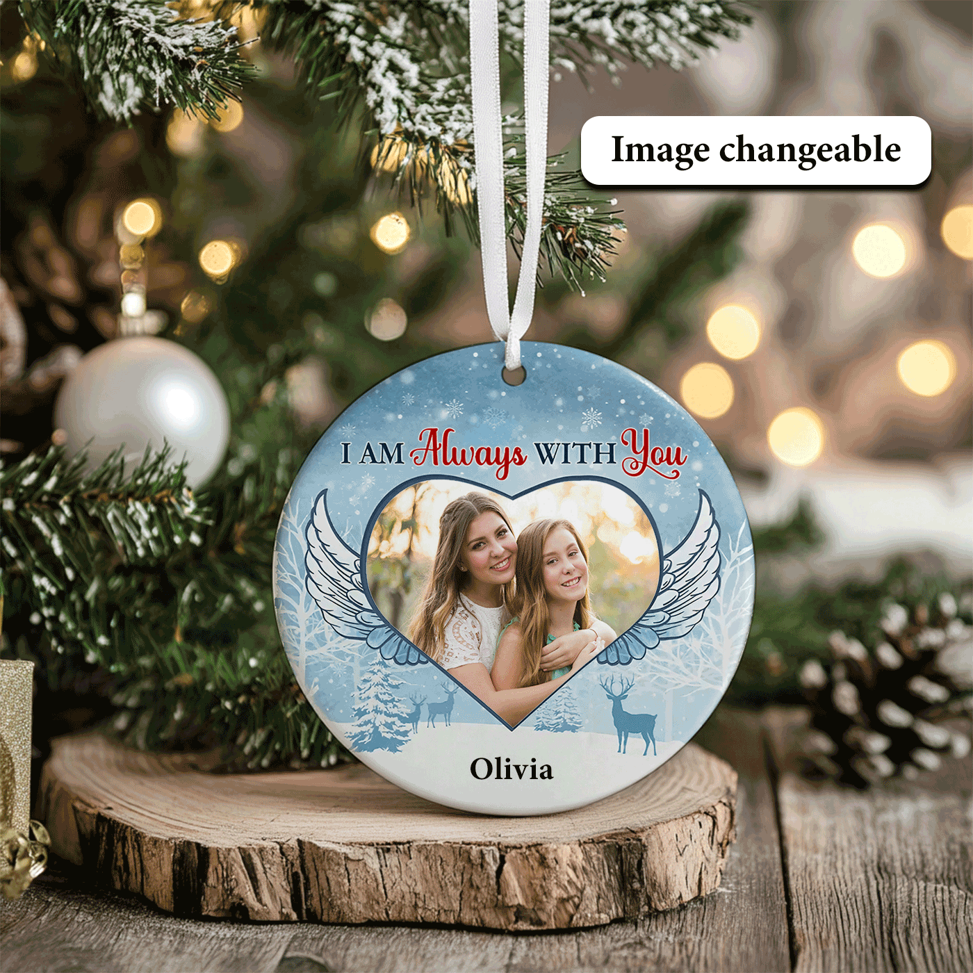 Christmas Winter with Heart and Angel Wings | I Am Always With You | Ceramic Ornament