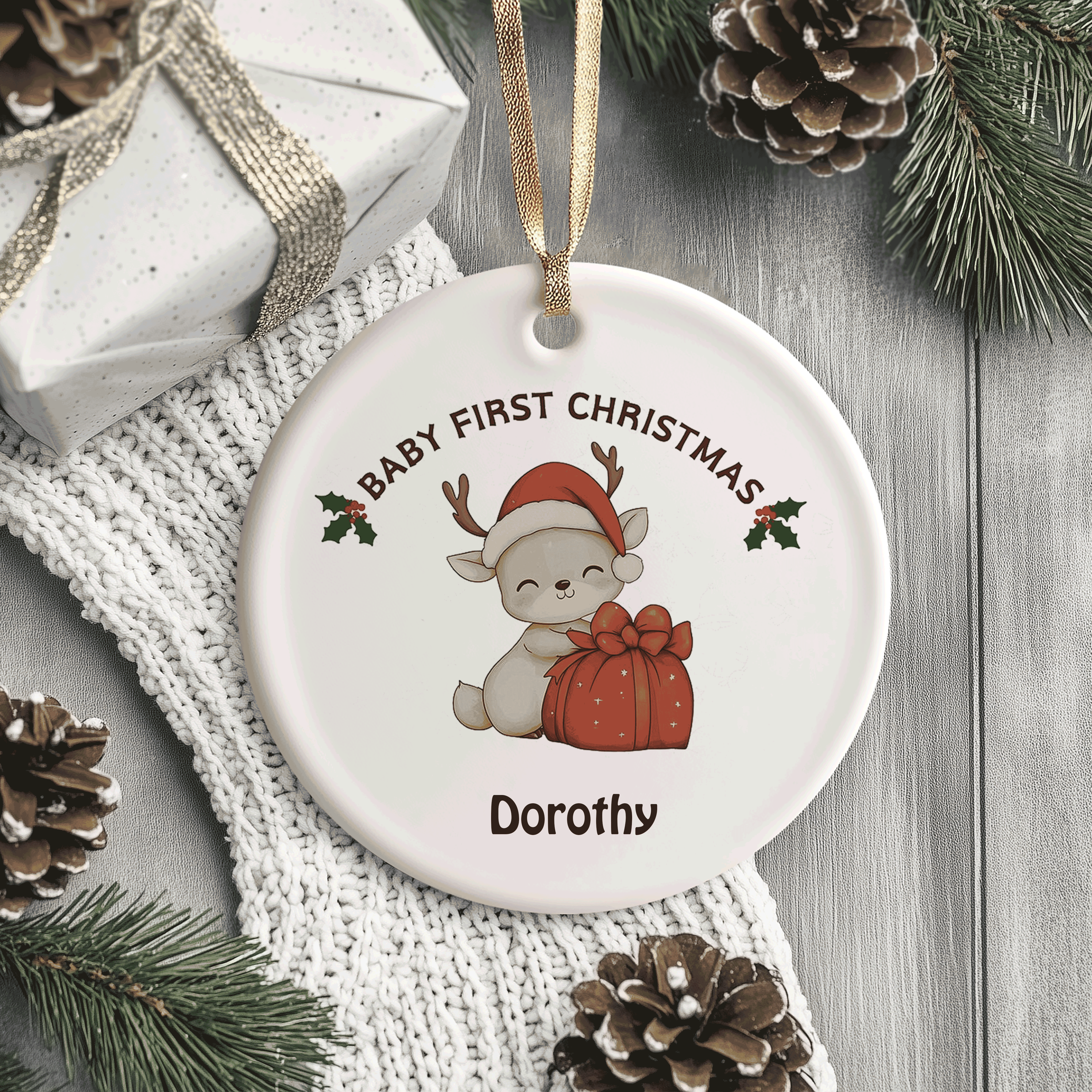 Cute Reindeer with Gift | Baby's First Christmas | Ceramic Ornament