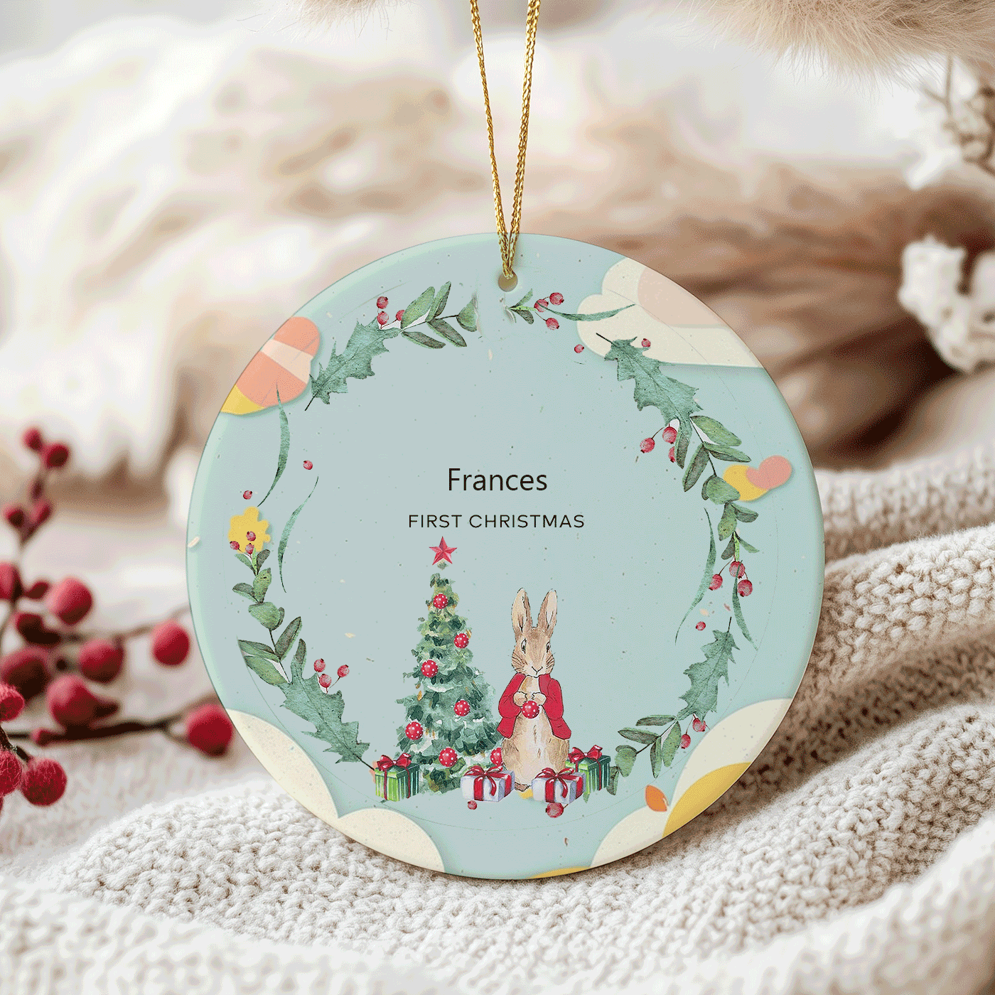 First Christmas Ornament with Woodland Bunny | Perfect for Baby's First Christmas | Ceramic Ornament