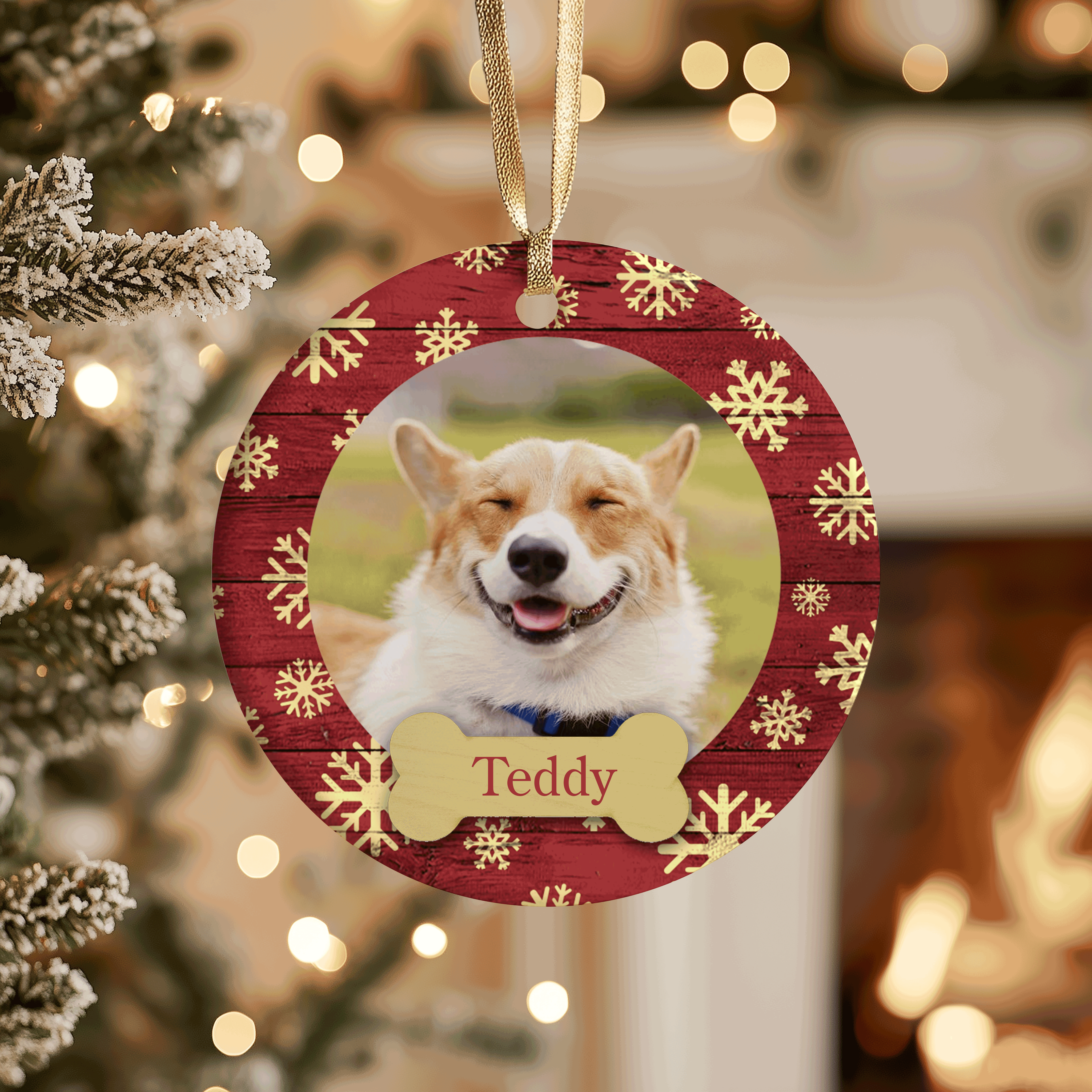 Pet Photo with Snowflakes and Bone | Christmas | Festive Holiday | Ceramic Ornament