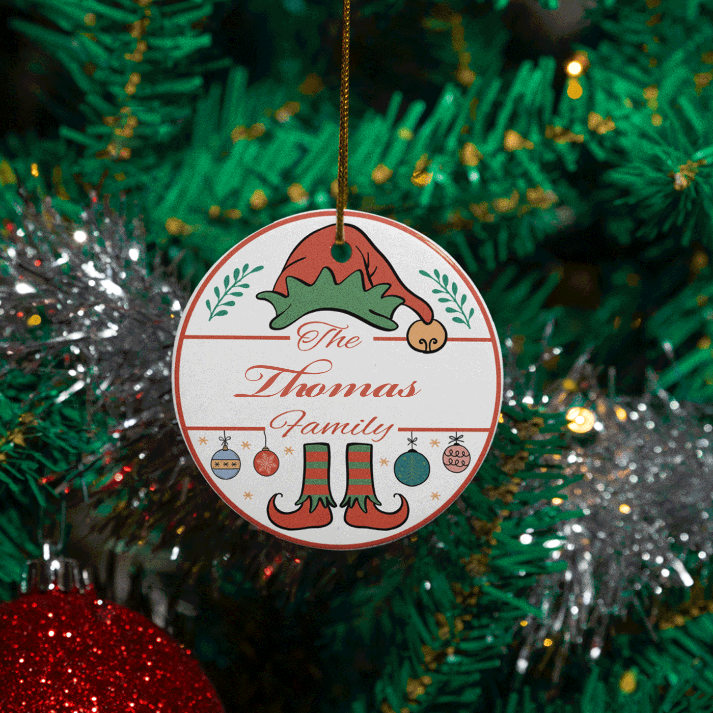 Custom Name Family Christmas | Festive Elf Theme | Ceramic Ornament