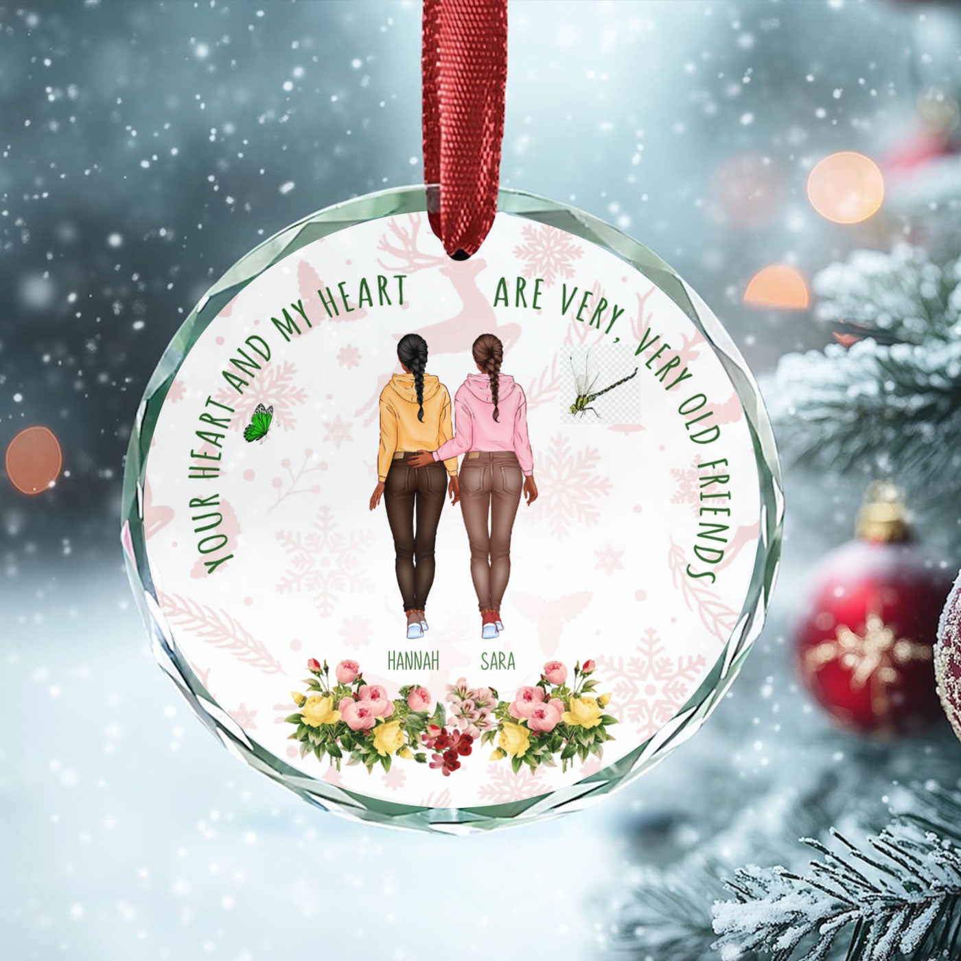 Custom Friendship Christmas Glass Ornament - Your Heart and My Heart