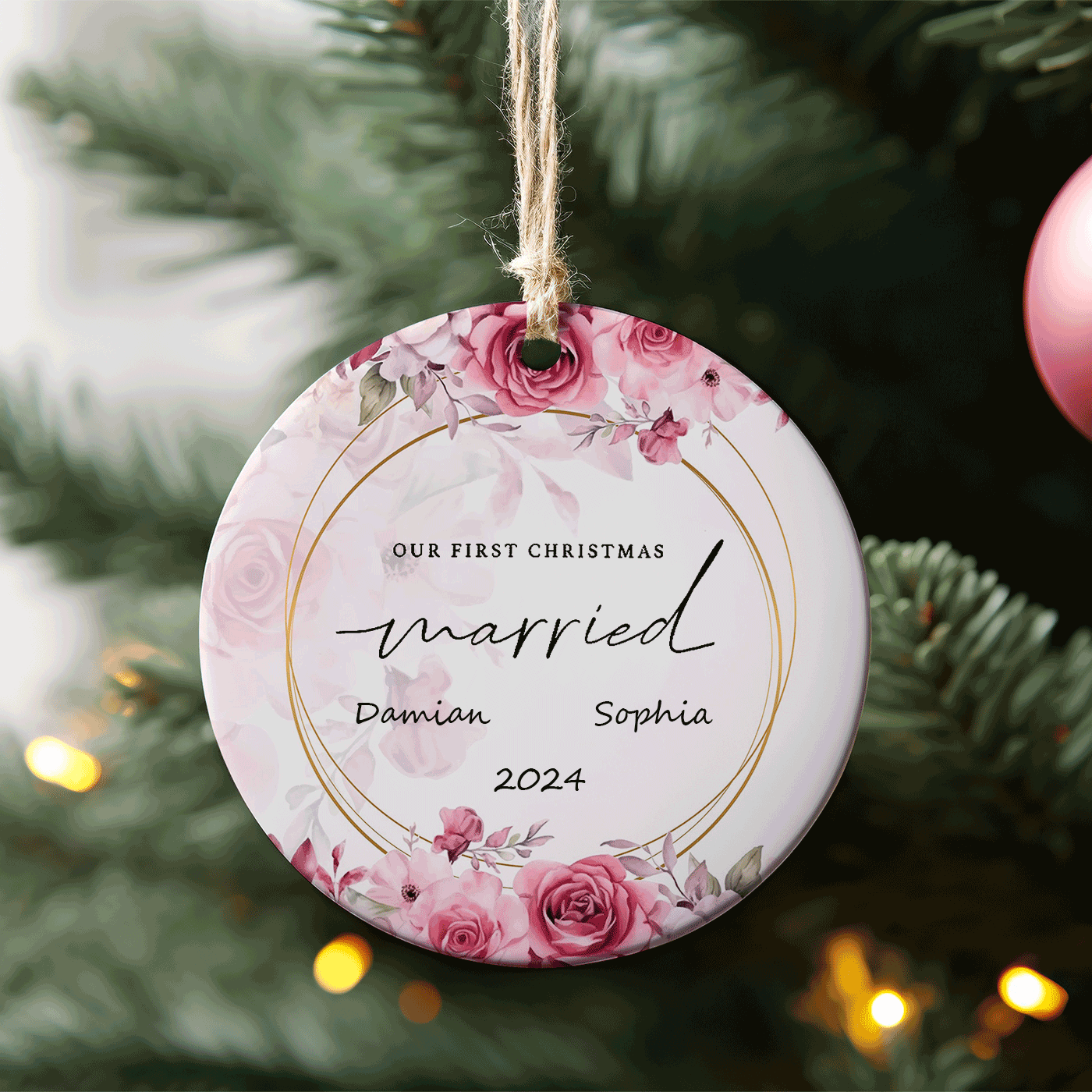 Our First Christmas Married Ornament | Elegant Floral Design for Newlyweds | Ceramic Ornament