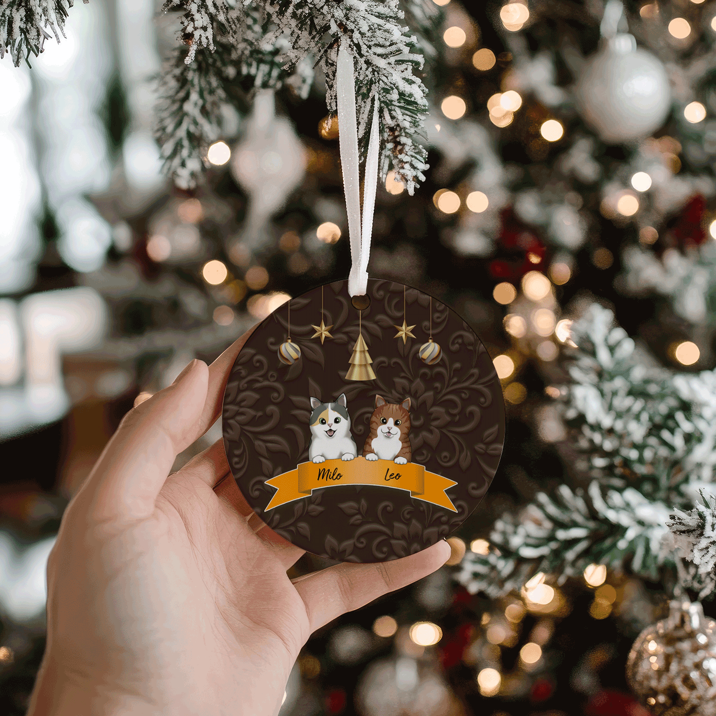 Personalized Dog and Cat Christmas Ornament with Custom Names | Circle Ceramic Ornament