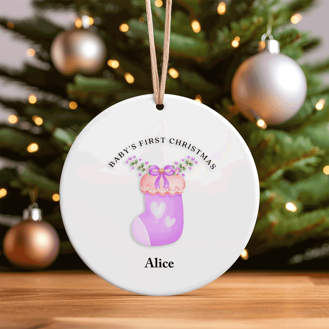 Baby's First Christmas | Adorable Pink Stocking Keepsake | Ceramic Ornament
