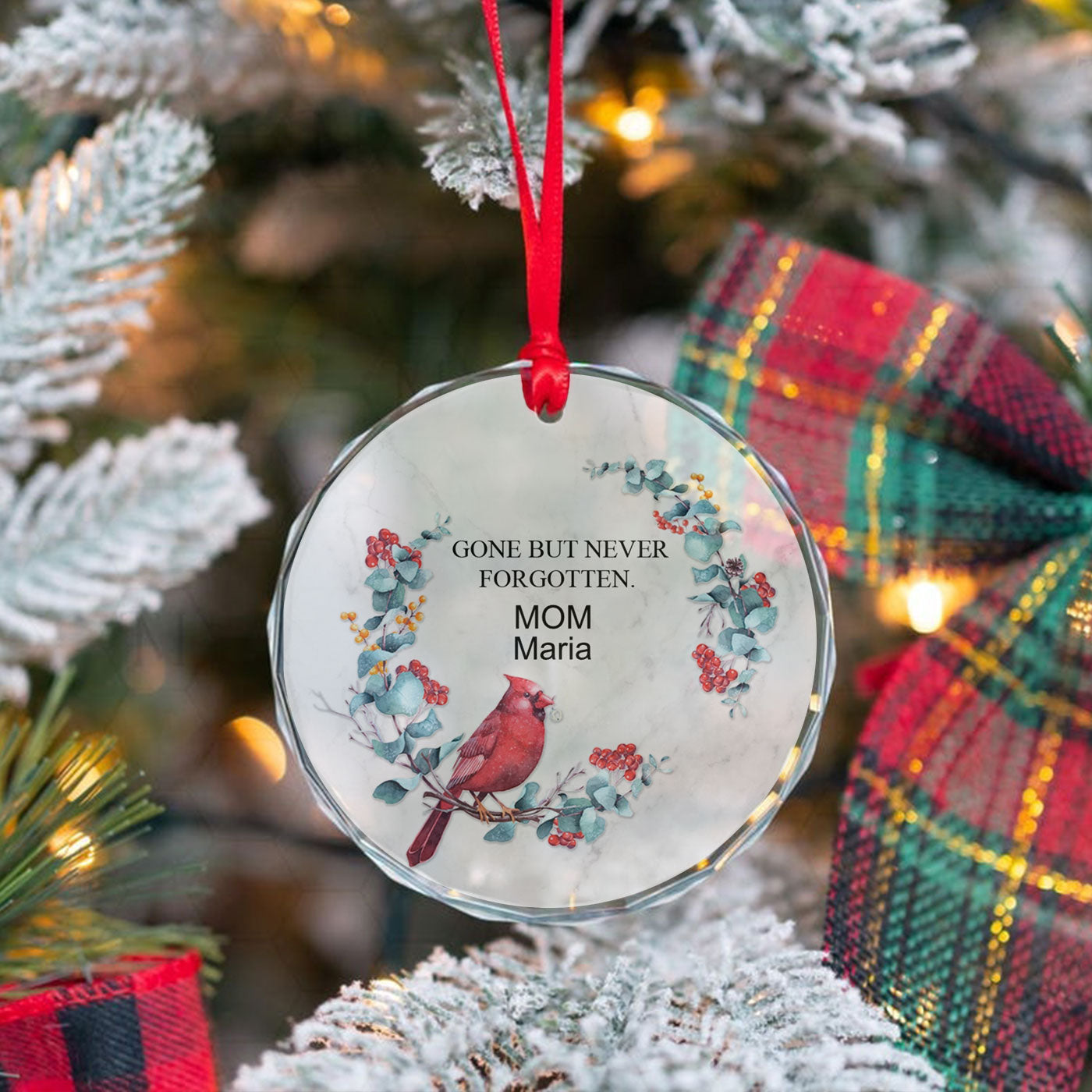 Remembered With Love | Christmas | Cardinal and Floral Wreath | Personalised Glass Ornament