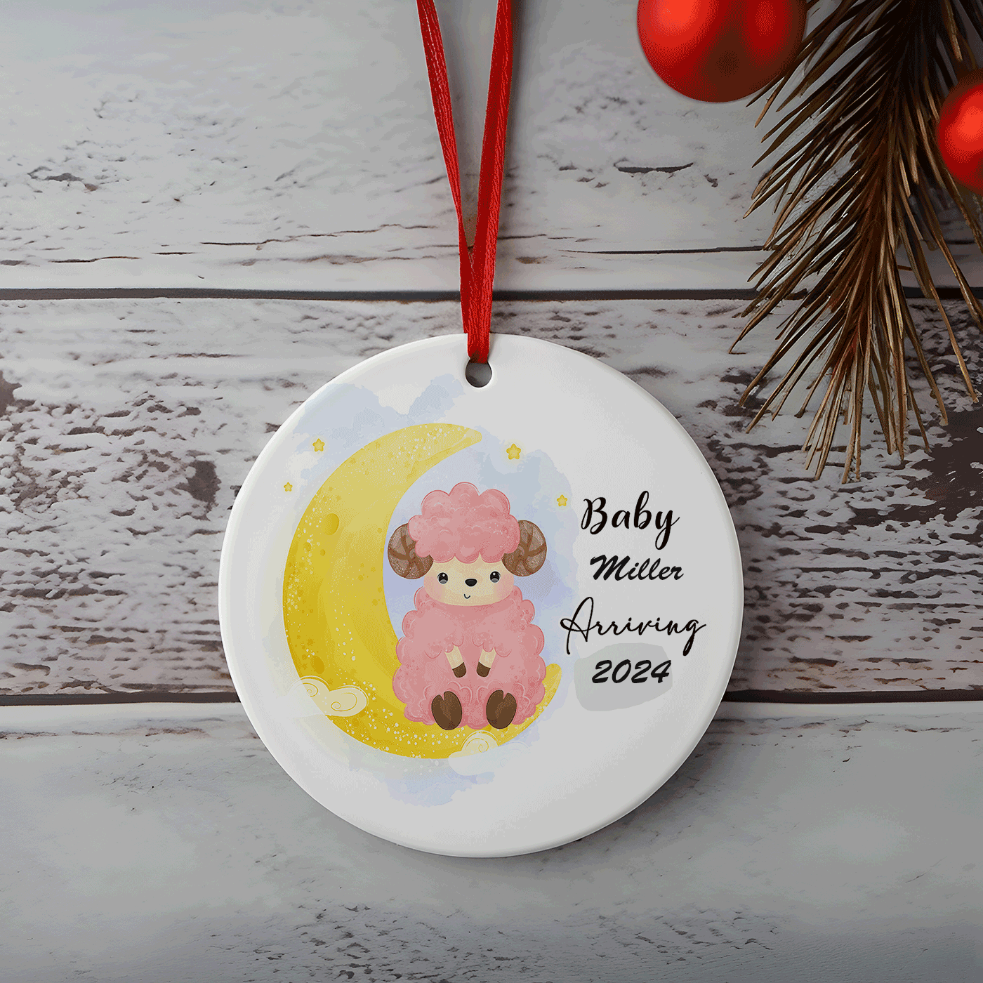 Baby Arriving Christmas | Adorable Sheep and Moon Design for Expecting Parents | Ceramic Ornament