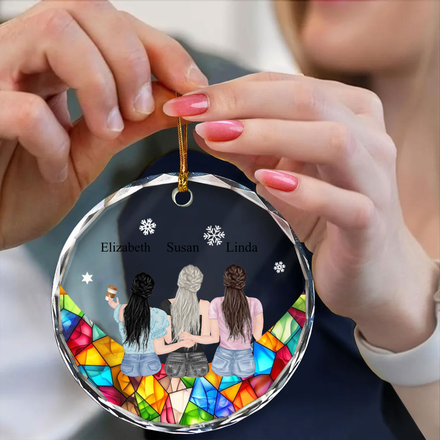 Customizable Crystal Glass Ornament for Sisters, Co-Workers, or Besties | 2-5 Figures with Names