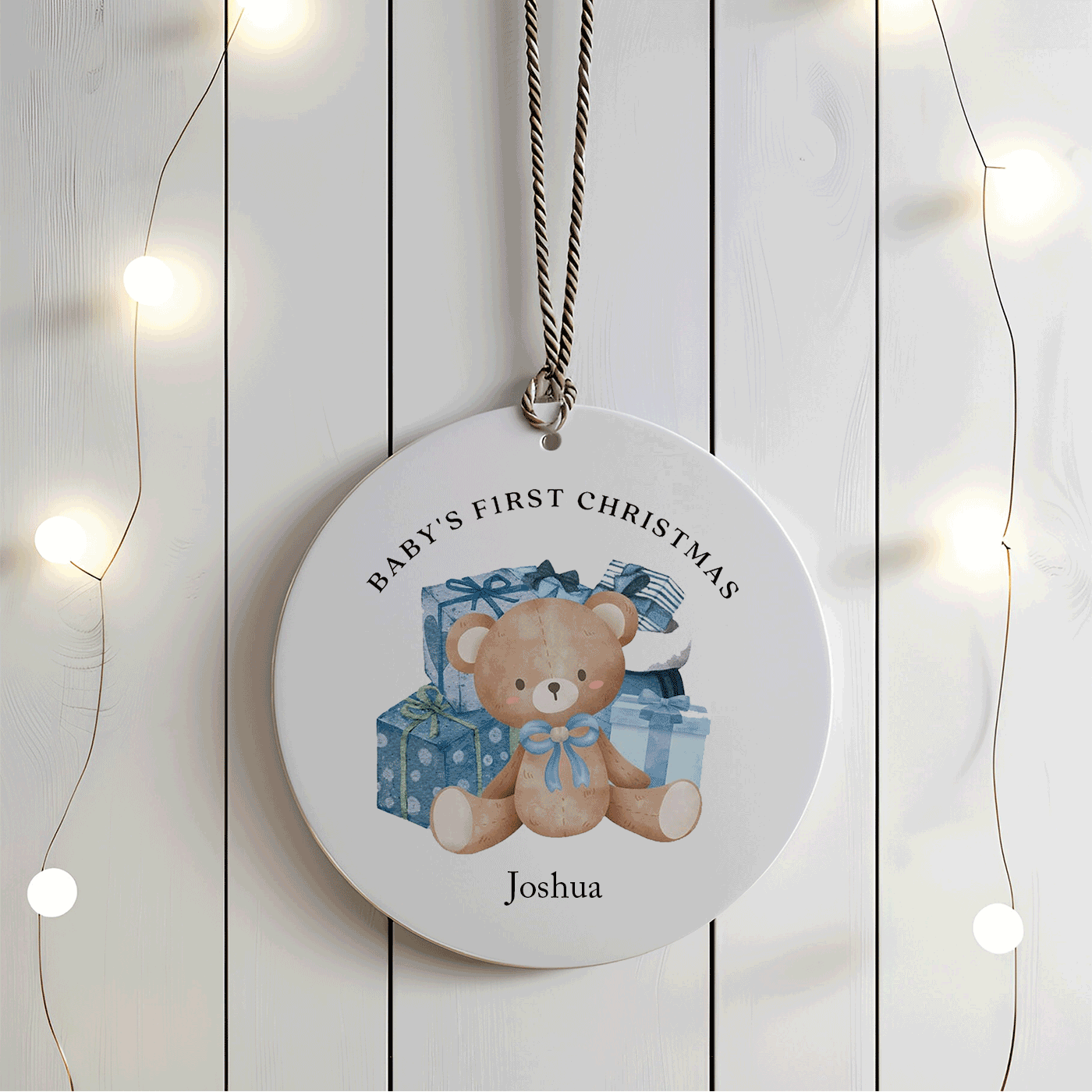 Teddy Bear with Blue Gifts | Baby’s First Christmas | Ceramic Ornament