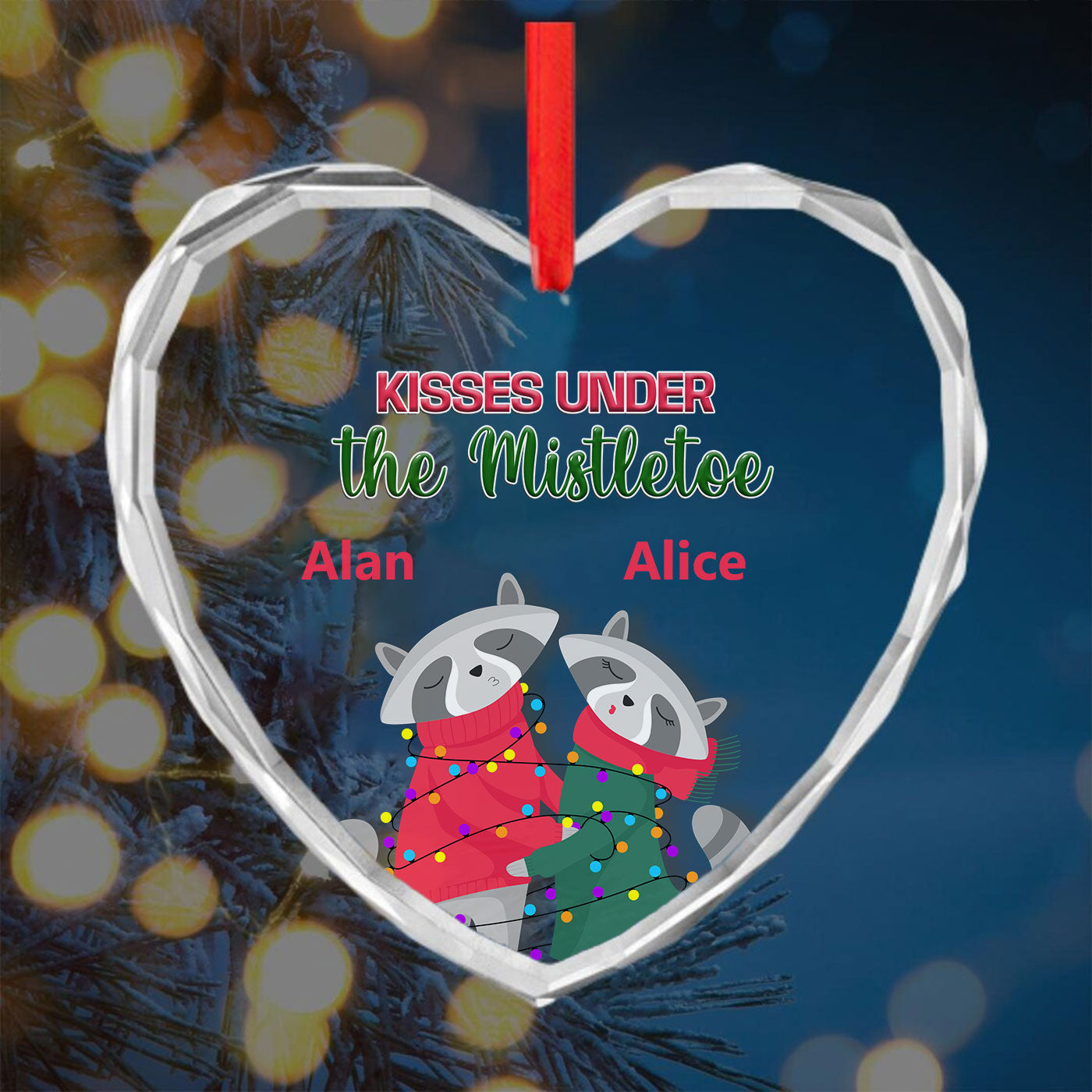 Kisses Under the Mistletoe | Raccoon Couple Christmas | Glass Ornament