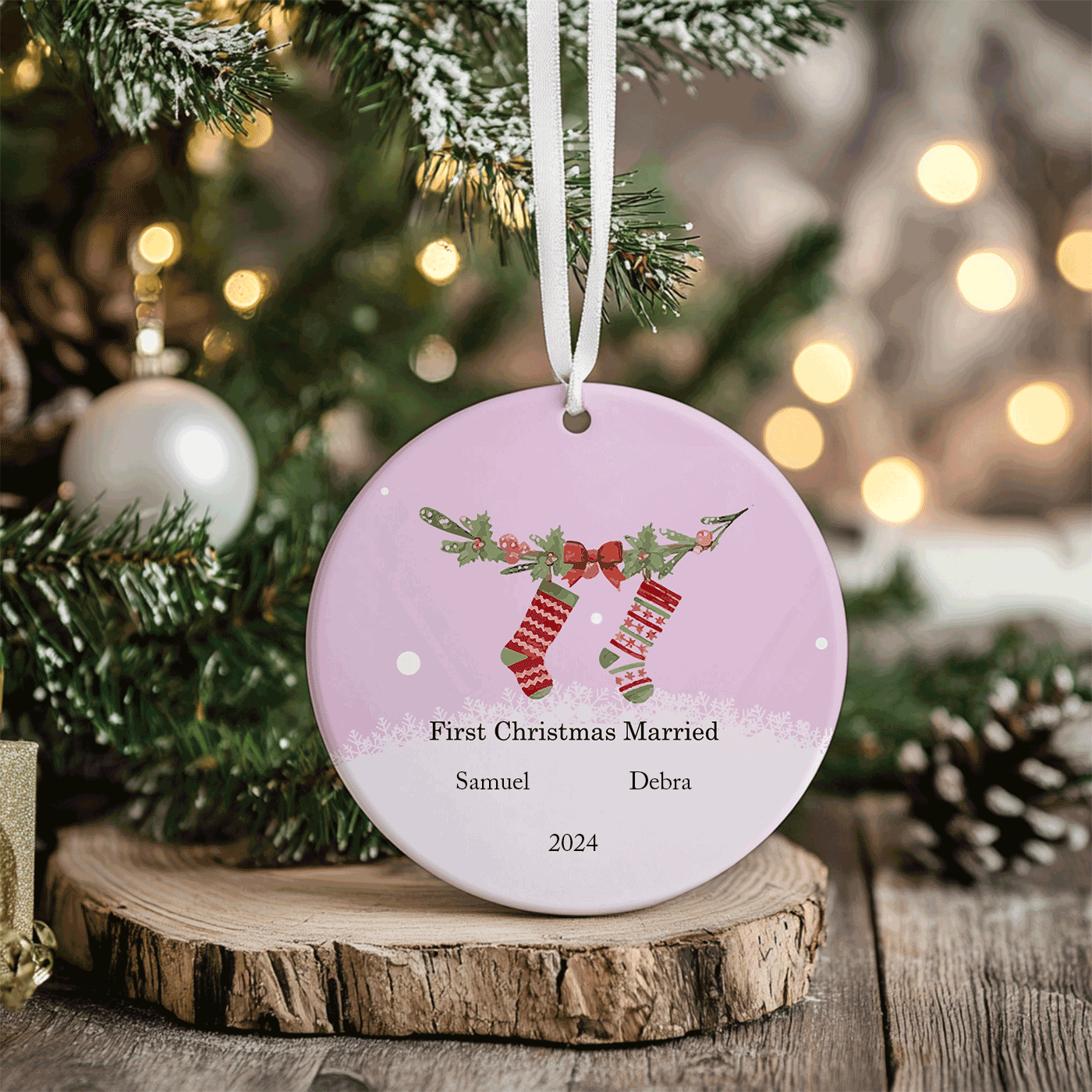 First Christmas Married Ornament | Festive Stocking Design for Newlyweds | Ceramic Ornament