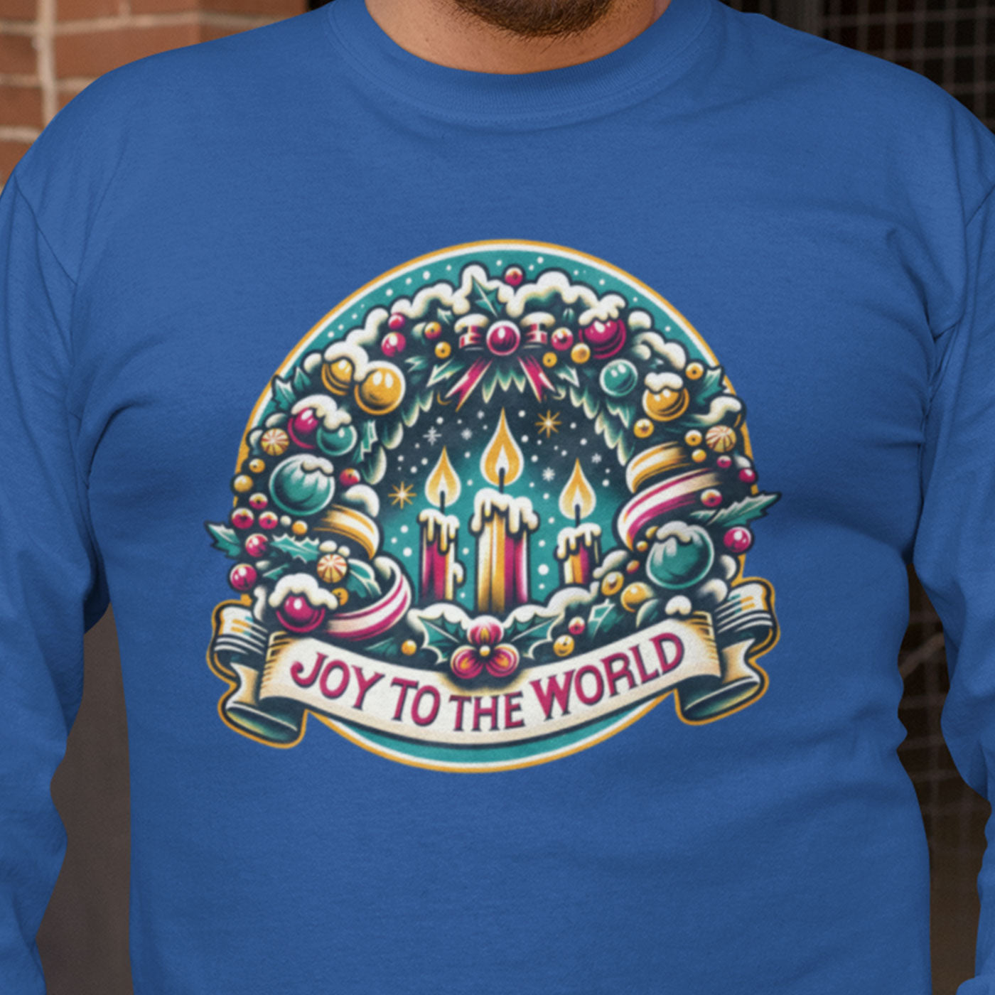 Joy to the World - Festive Christmas Wreath and Candle | Unisex Long Sleeve