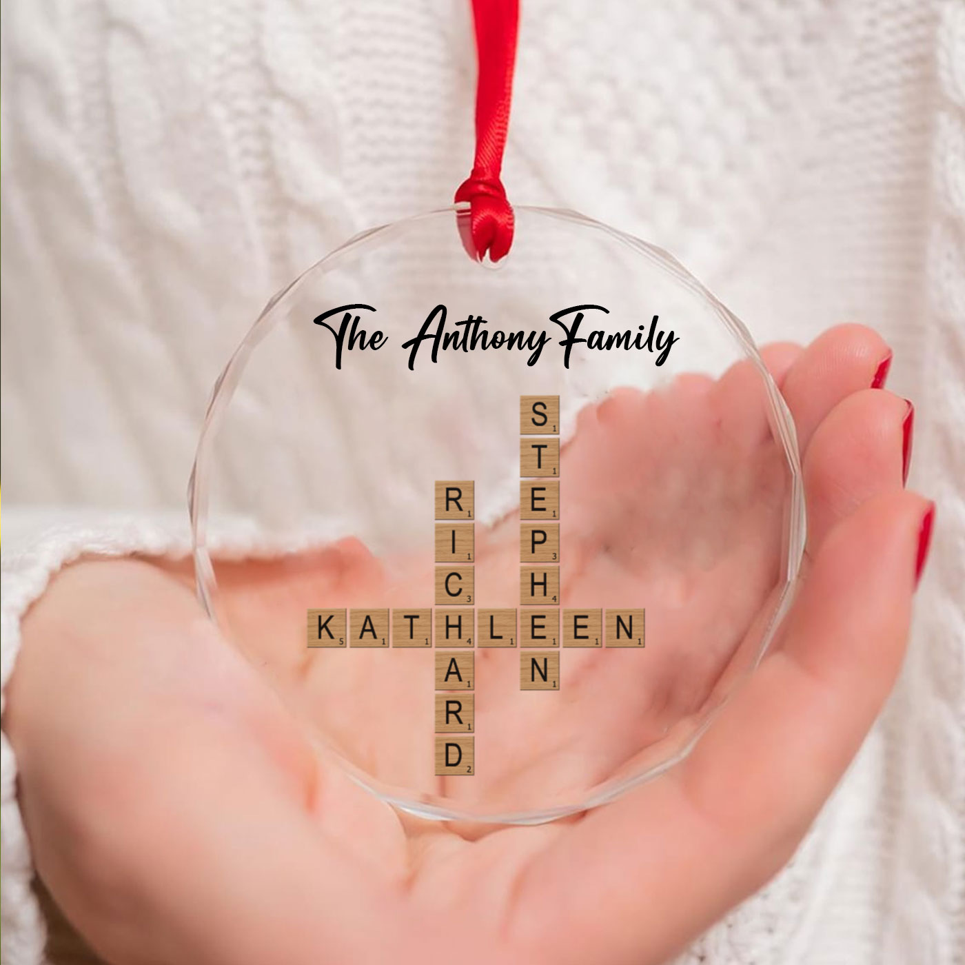 Personalized Crystal Glass Christmas Ornament - Custom Family Crossword Puzzle