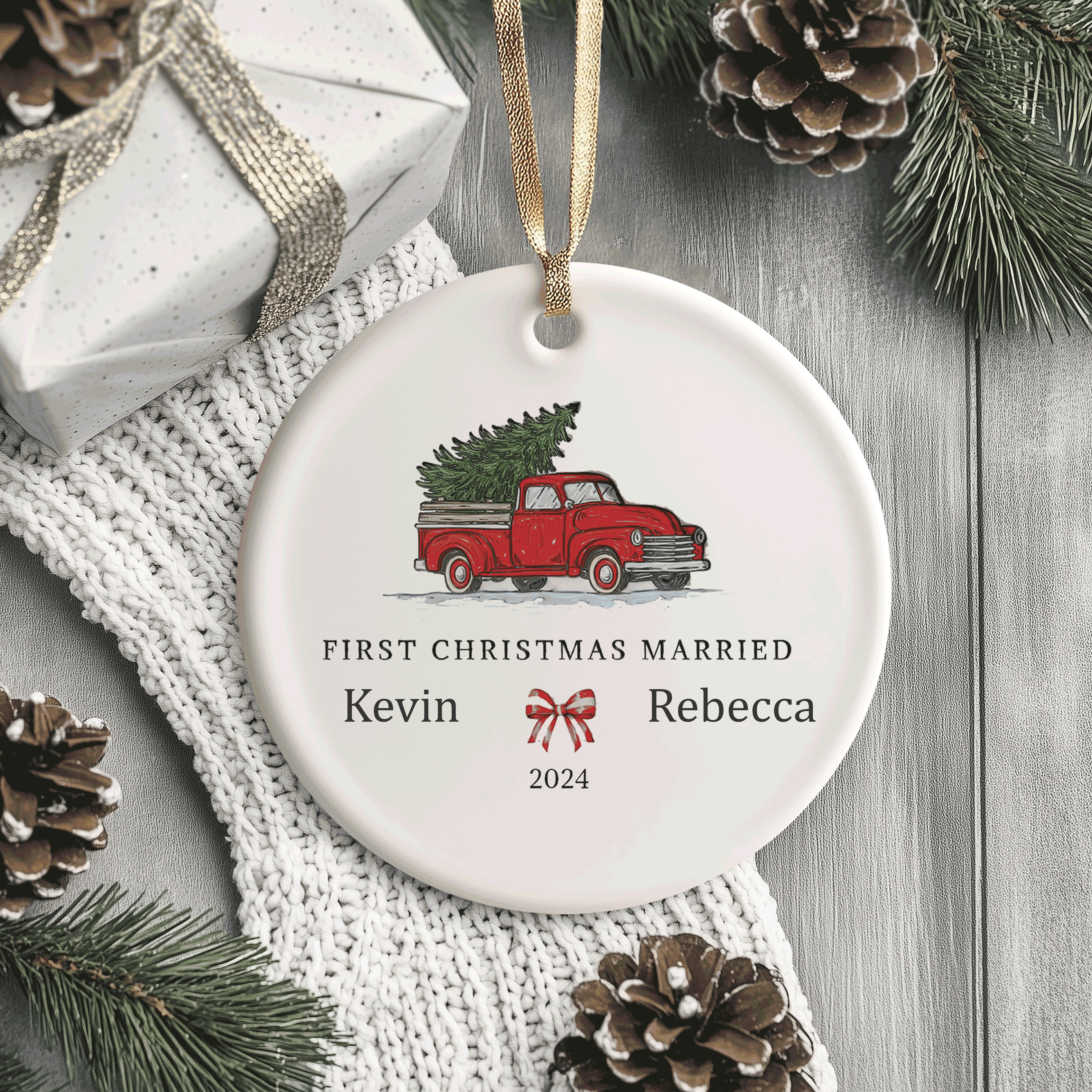 First Christmas Married | Vintage Red Truck with Tree | Ceramic Ornament