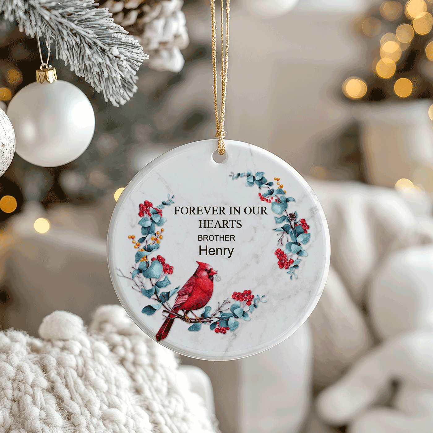 In Loving Memory of Mom | Christmas | Cardinal and Floral Wreath | Ceramic Ornament