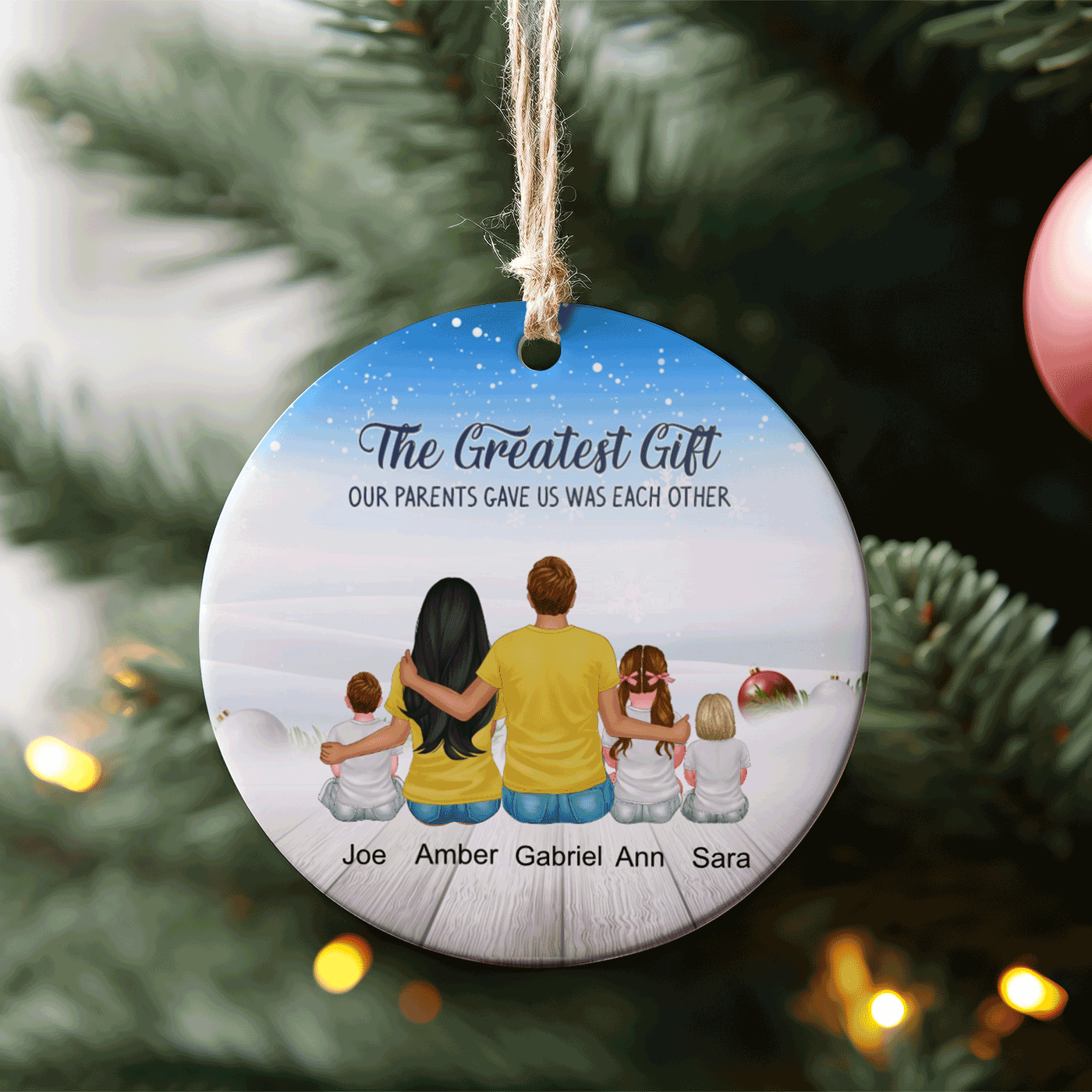 Family Christmas | Our Hearts Are Forever Connected | Personalized Circle Ceramic Ornament
