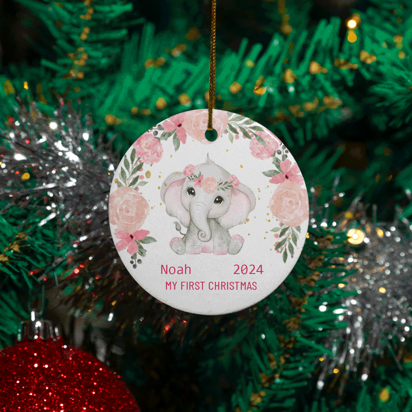 My First Christmas | Adorable Elephant with Floral Wreath | Ceramic Ornament