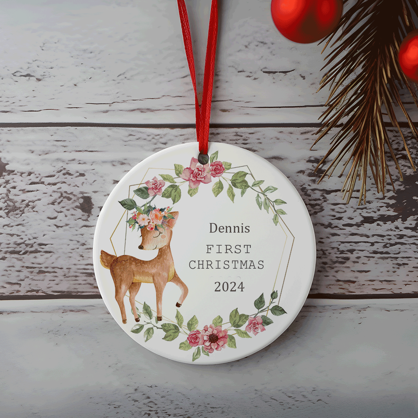 First Christmas | Elegant Floral Deer | Ceramic Ornament
