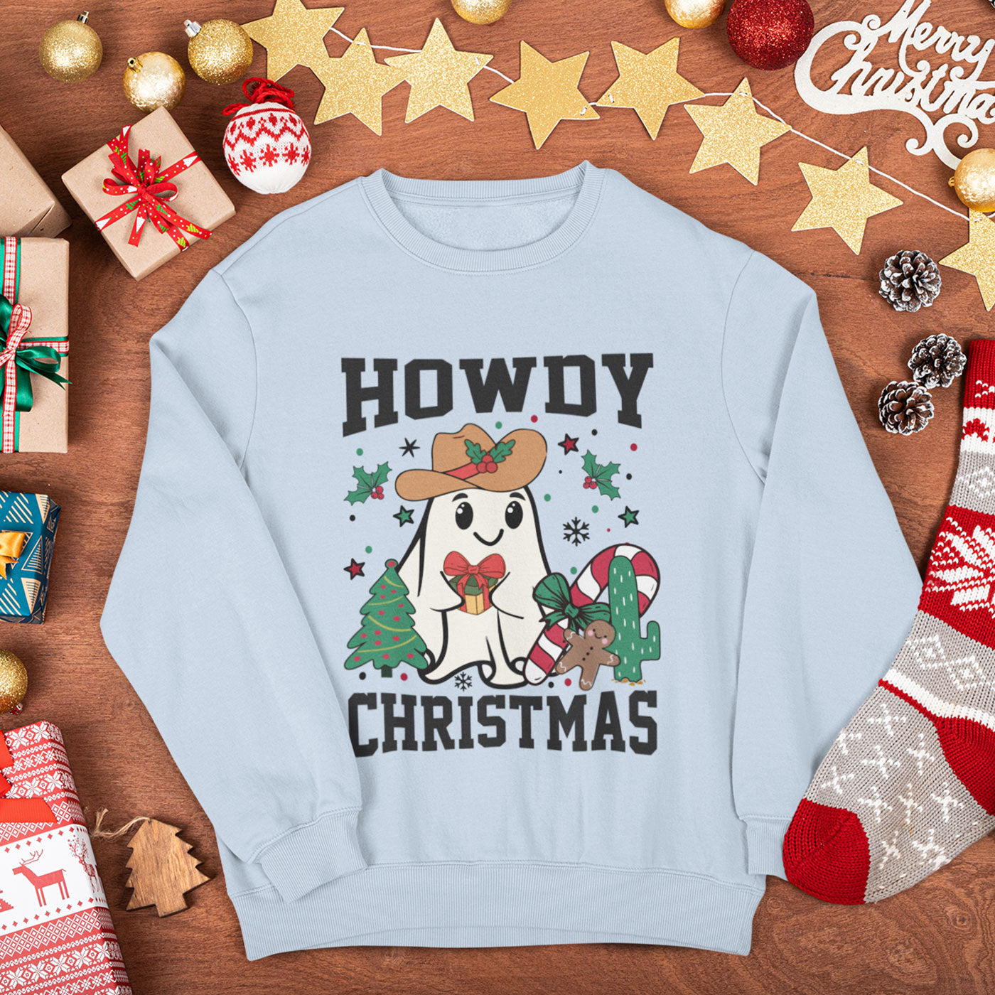 Howdy Christmas | Cute Cowboy Ghost Holiday | Unisex Crewneck Sweatshirts