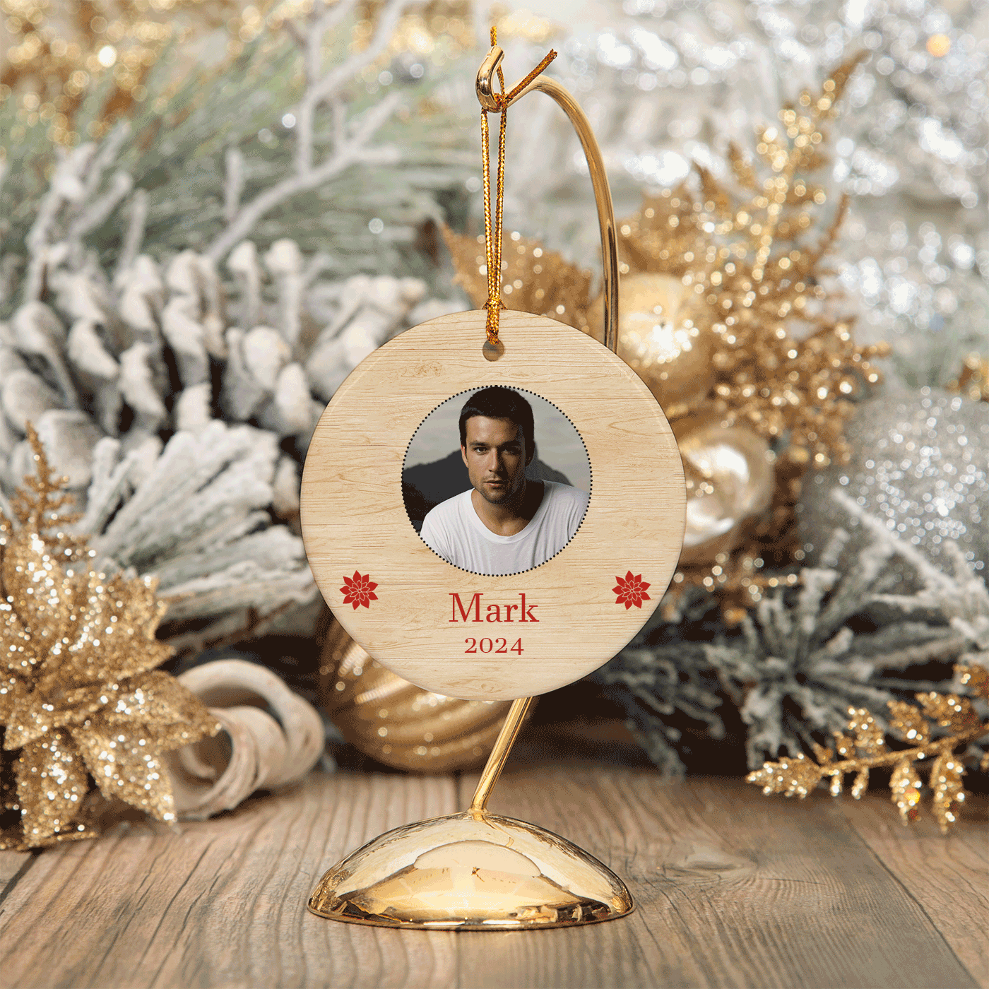 Rustic Photo with Poinsettia Accents | Simple Christmas | Ceramic Ornament