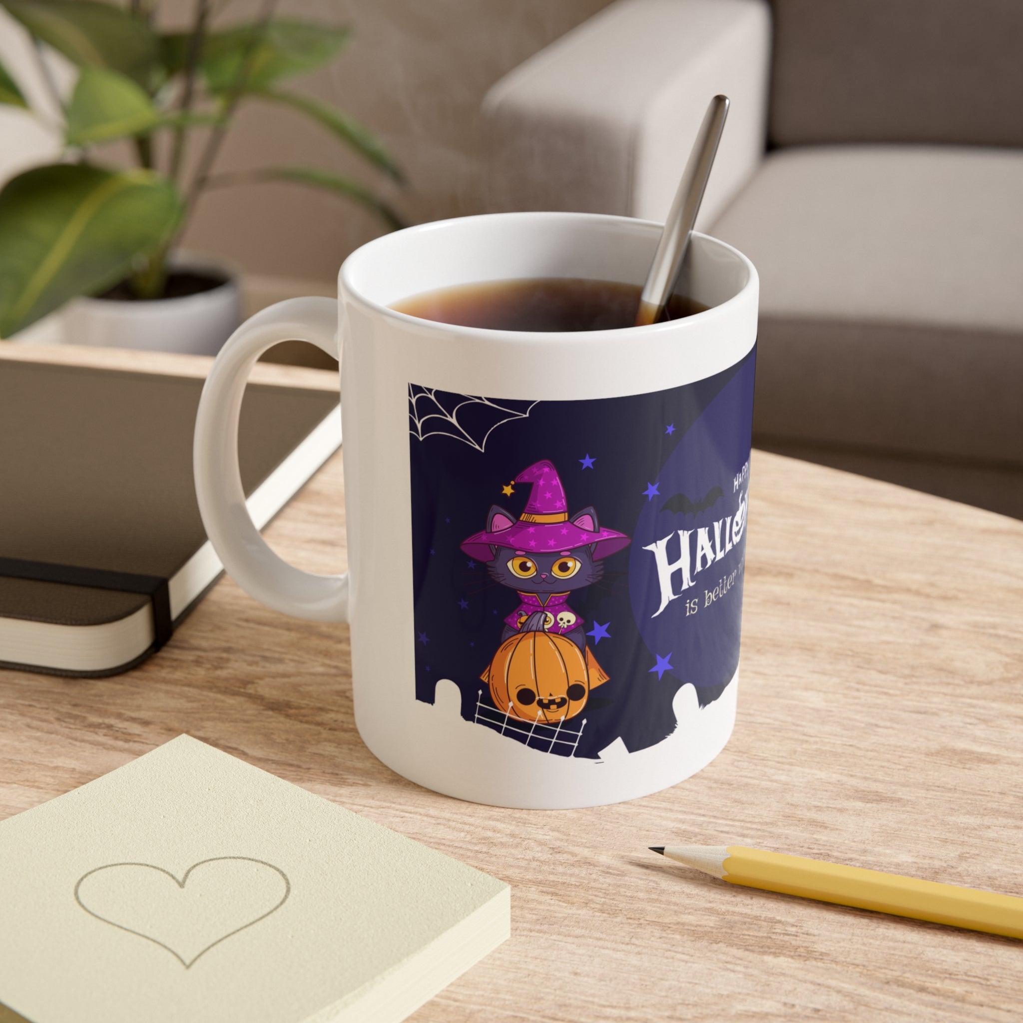 Happy Halloween with Witch's Cats | White Ceramic Mug