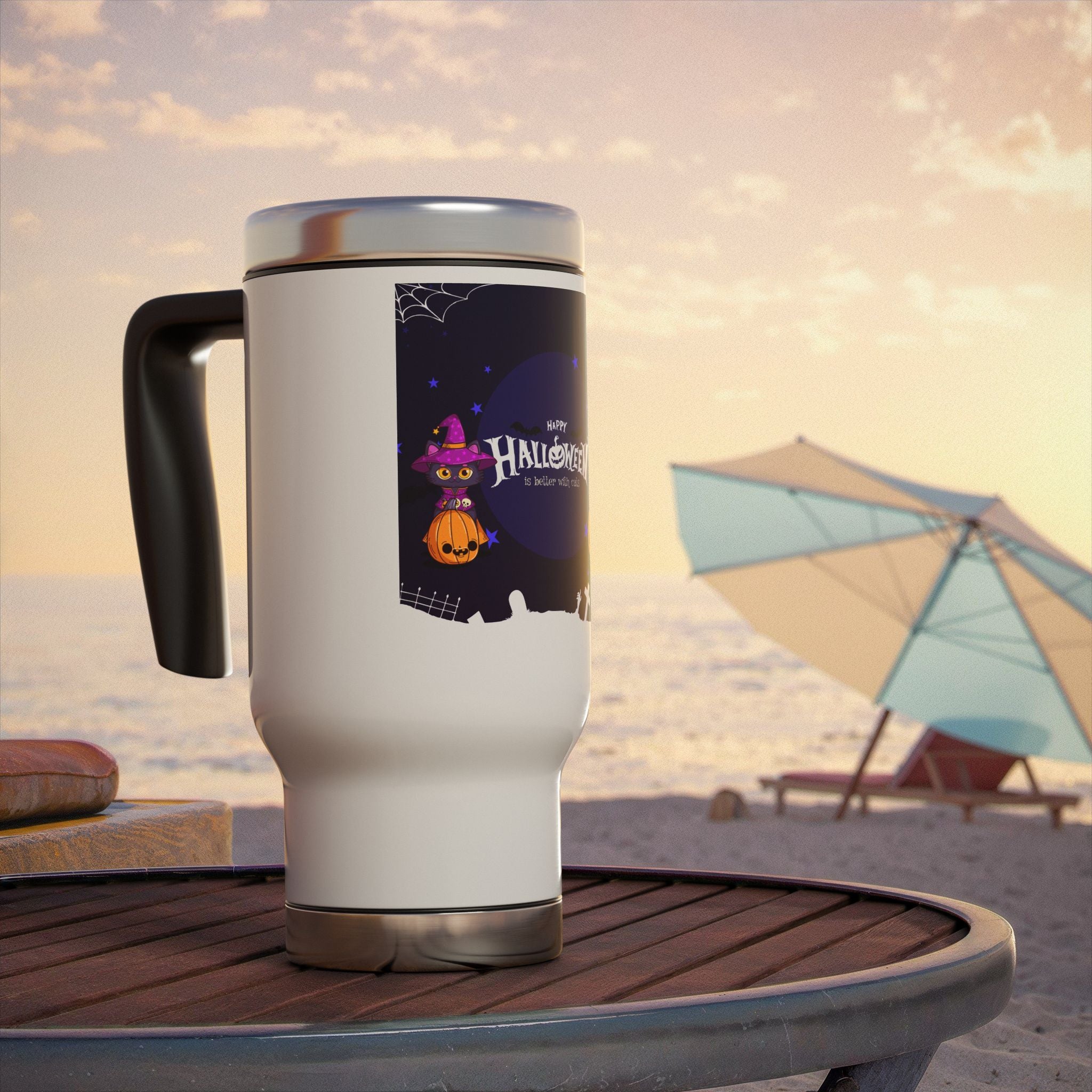 Happy Halloween with Witch's Cats | Stainless Steel Travel Mug with Handle