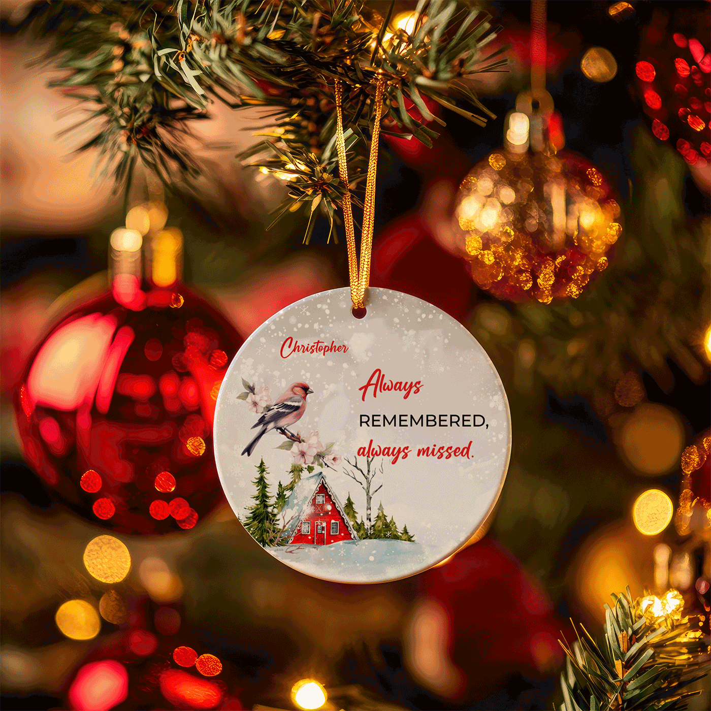 Elegant Winter Bird Christmas Ornament with Snowy Cottage | Customize Ceramic Ornament