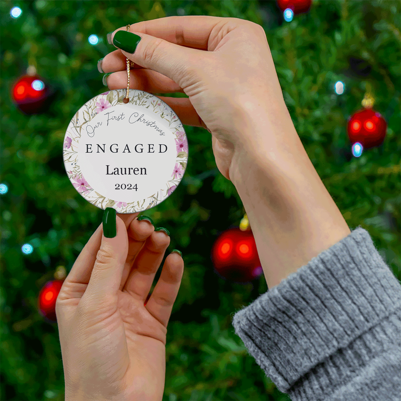 Our First Christmas Engaged | Delicate Floral | Ceramic Ornament