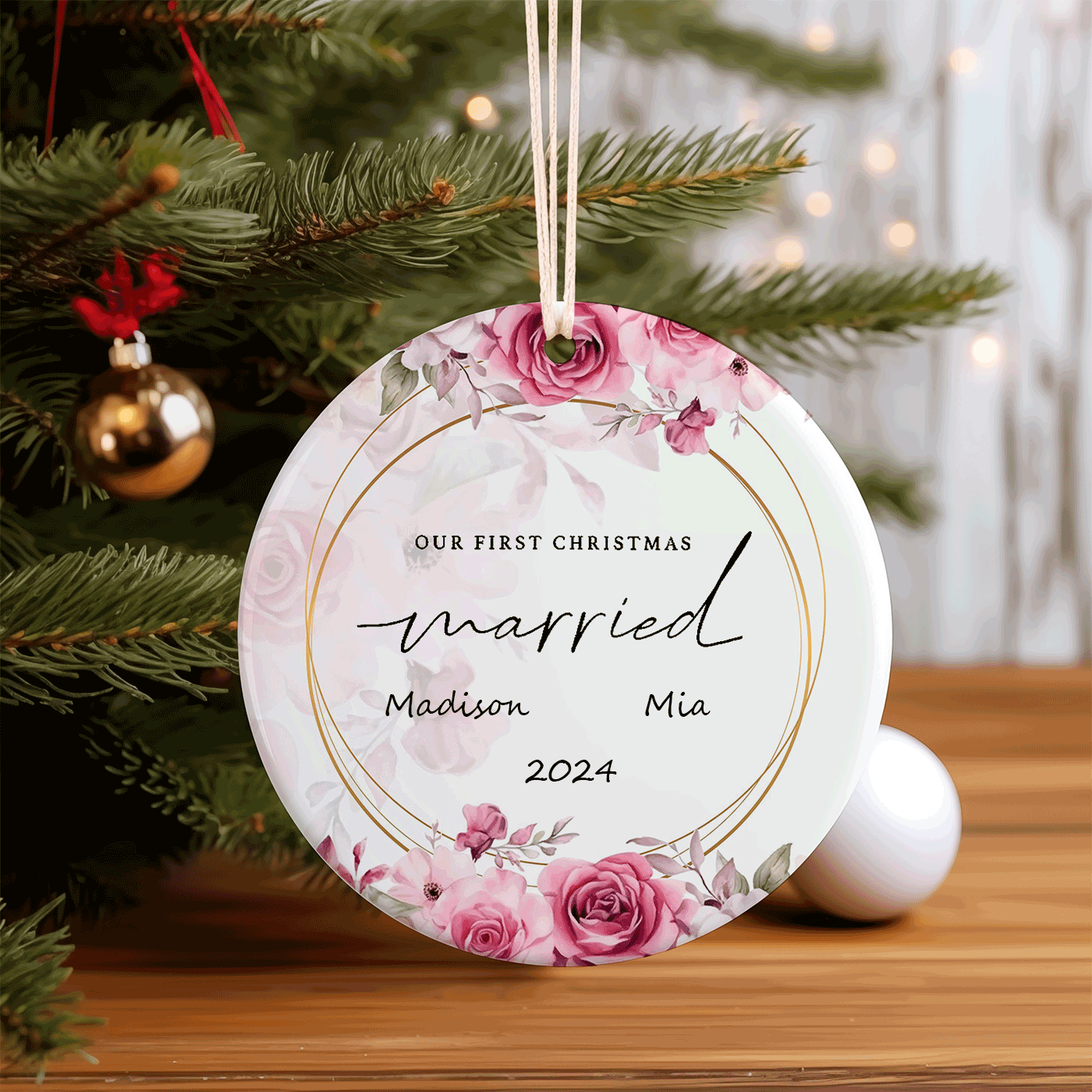 Our First Christmas Married Ornament | Elegant Floral Design for Newlyweds | Ceramic Ornament
