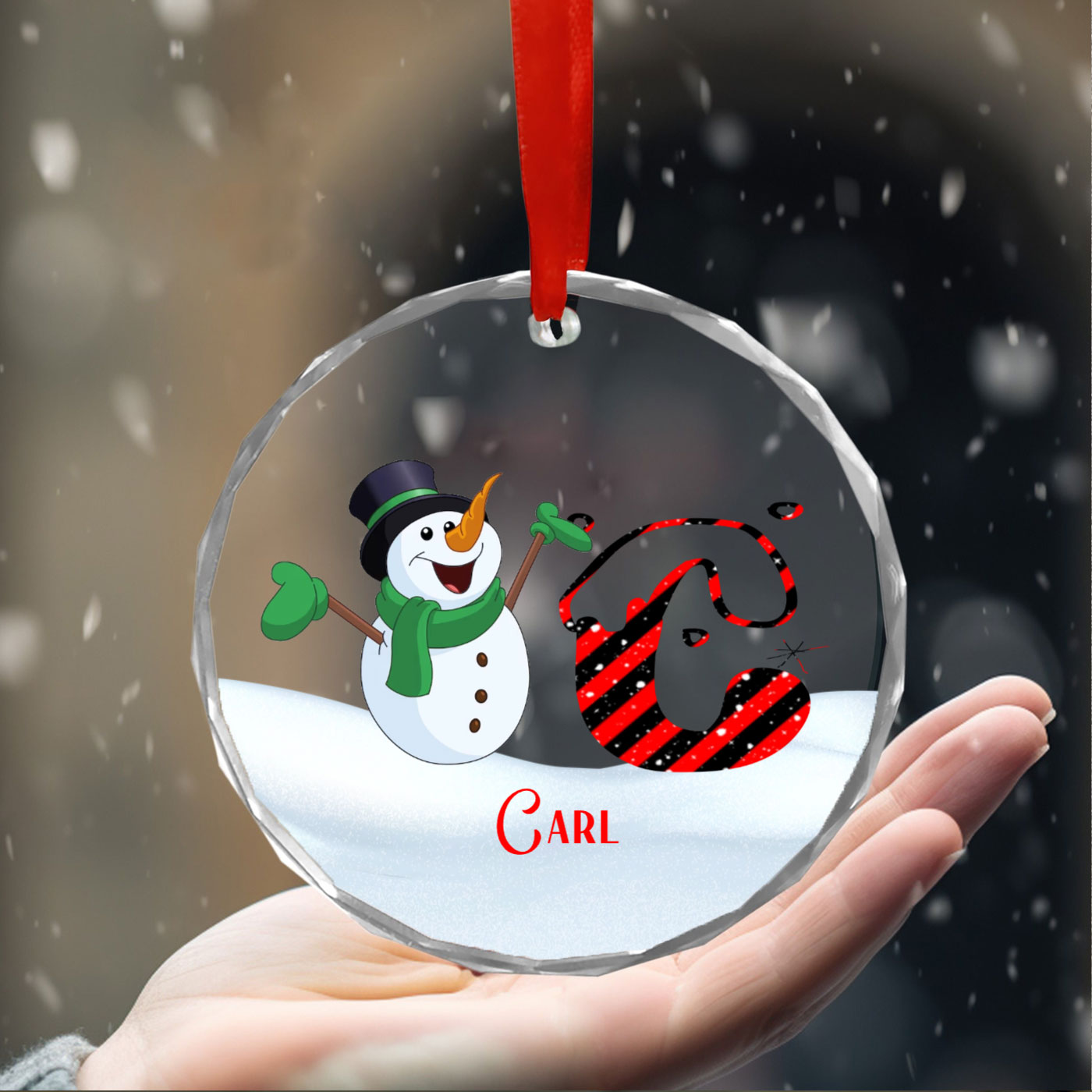 Personalized Namesake Christmas Crystal Glass Ornament | Snowman and Initial Design