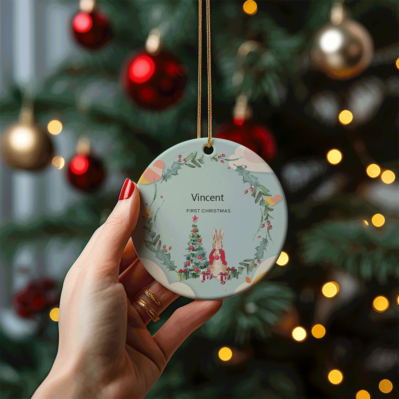 First Christmas Ornament with Woodland Bunny | Perfect for Baby's First Christmas | Ceramic Ornament