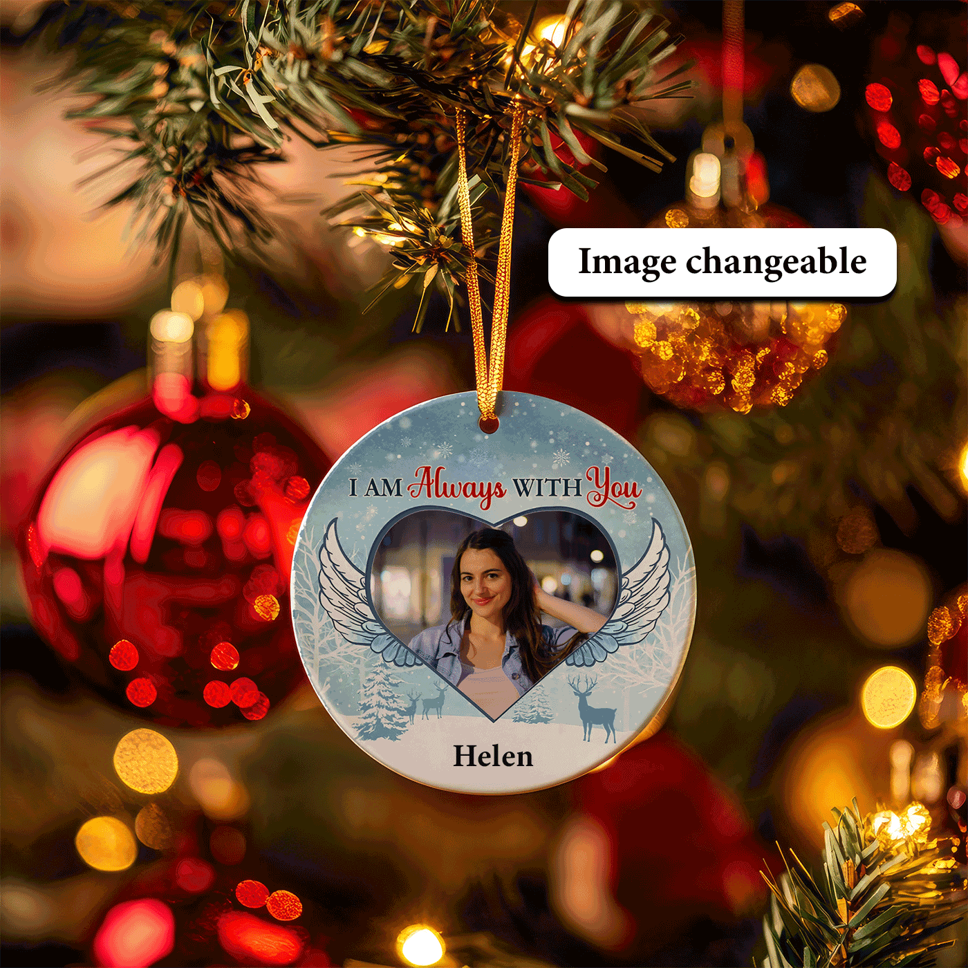 Christmas Winter with Heart and Angel Wings | I Am Always With You | Ceramic Ornament