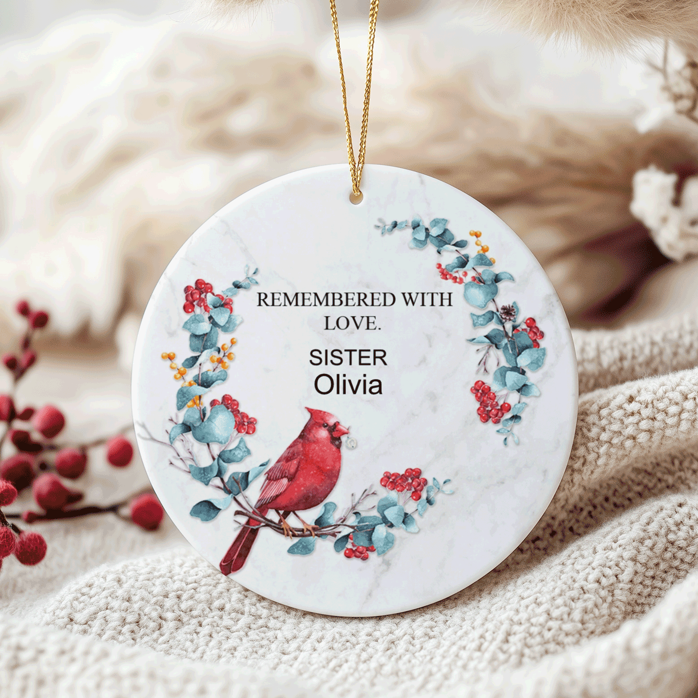 In Loving Memory of Mom | Christmas | Cardinal and Floral Wreath | Ceramic Ornament