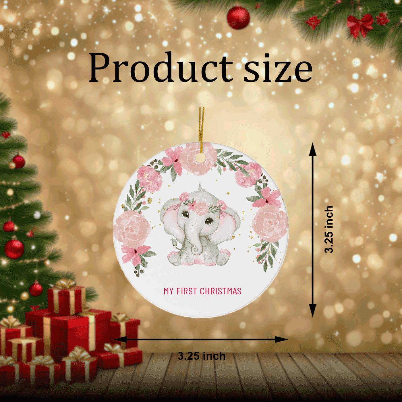 My First Christmas | Adorable Elephant with Floral Wreath | Ceramic Ornament