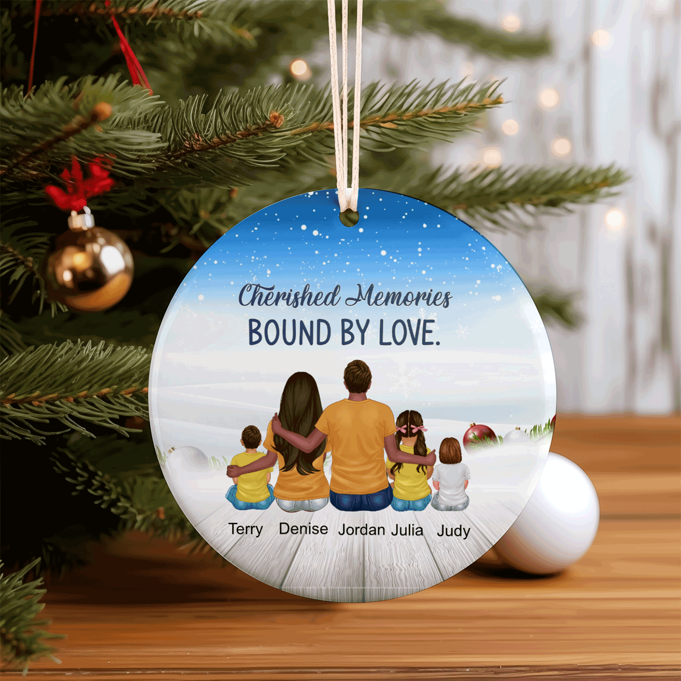 Family Christmas | Our Hearts Are Forever Connected | Personalized Circle Ceramic Ornament