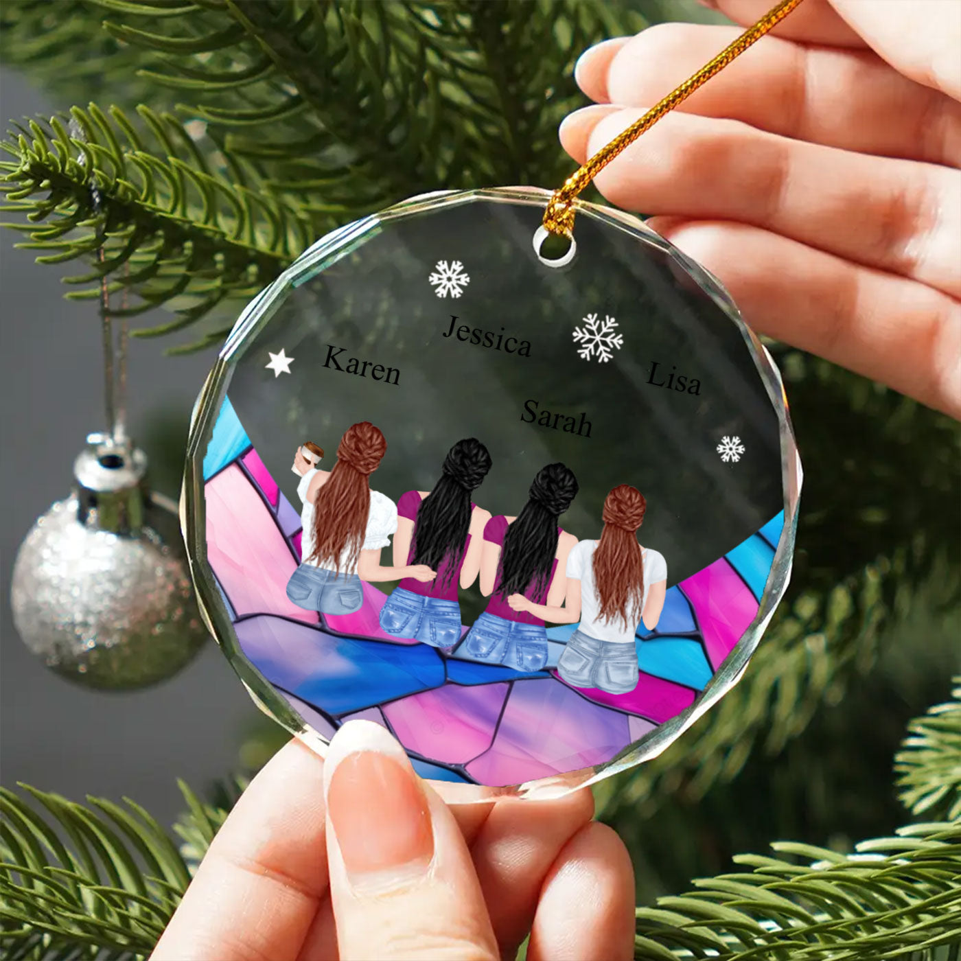 Customizable Crystal Glass Ornament for Sisters, Co-Workers, or Besties | 2-5 Figures with Names
