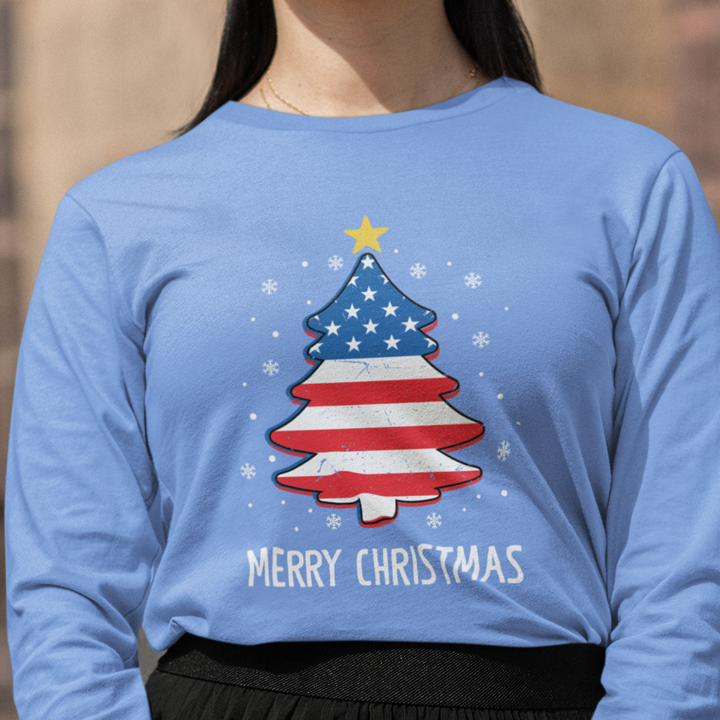 Patriotic Merry Christmas | American Flag Christmas Tree | Unisex Long Sleeve
