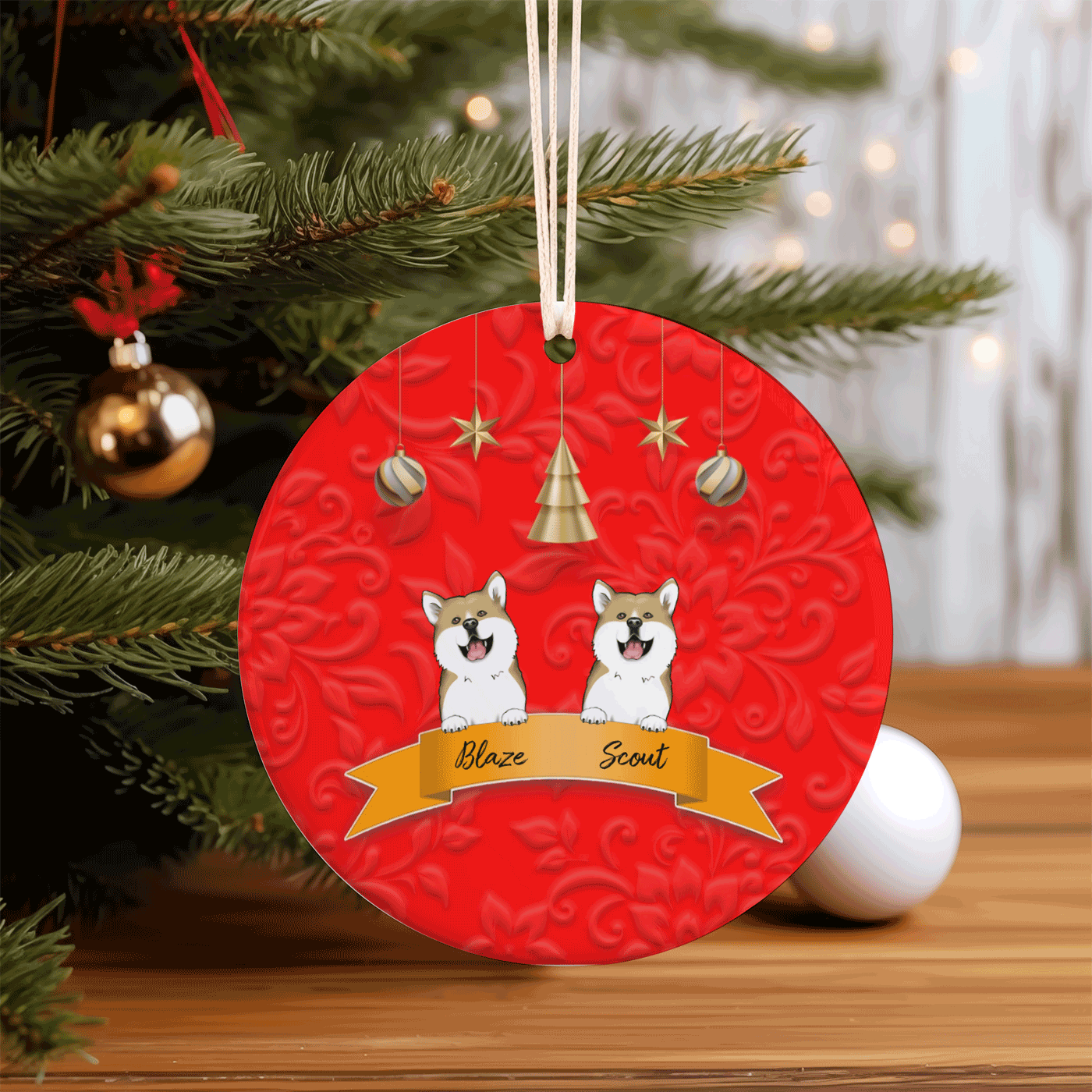 Personalized Dog and Cat Christmas Ornament with Custom Names | Circle Ceramic Ornament