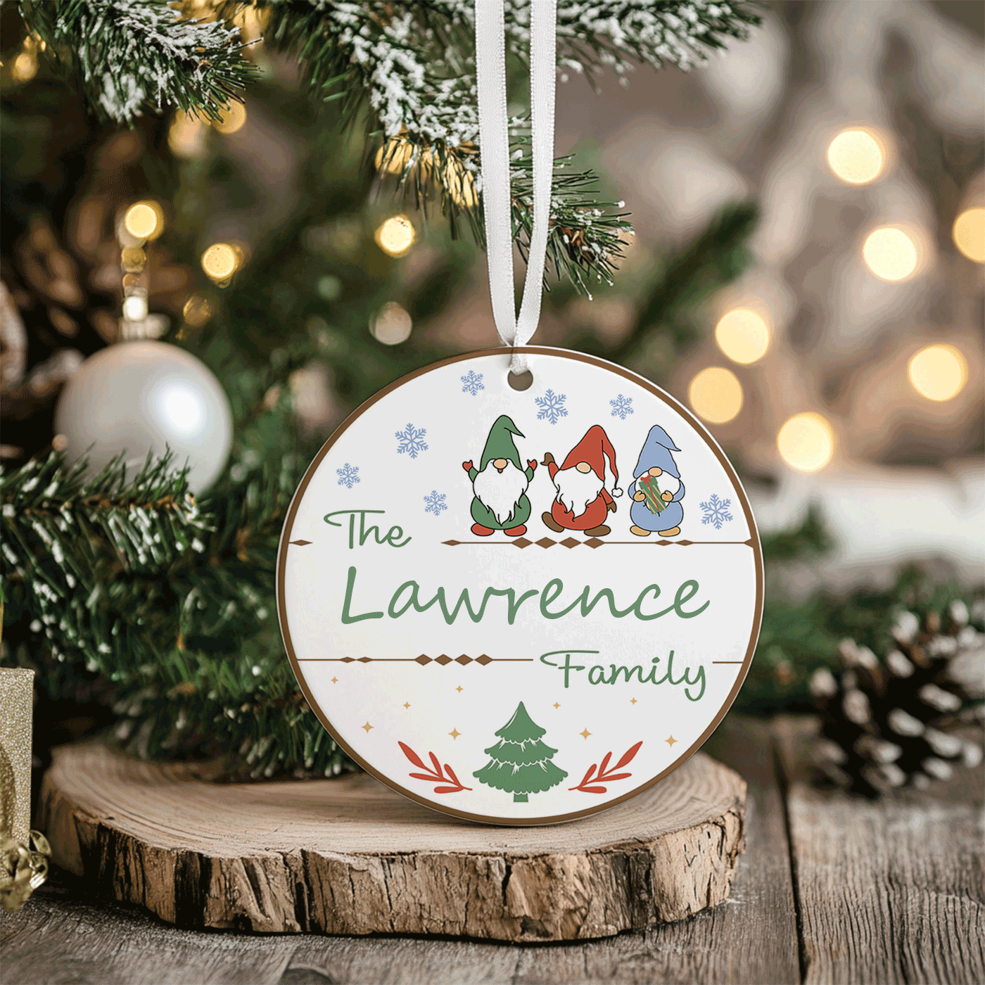 Custom Family Christmas | Festive Gnome Theme | Ceramic Ornament