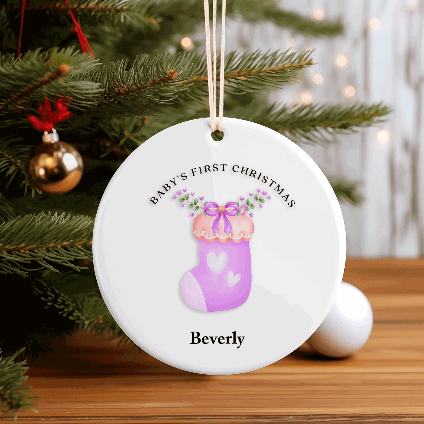 Baby's First Christmas | Adorable Pink Stocking Keepsake | Ceramic Ornament