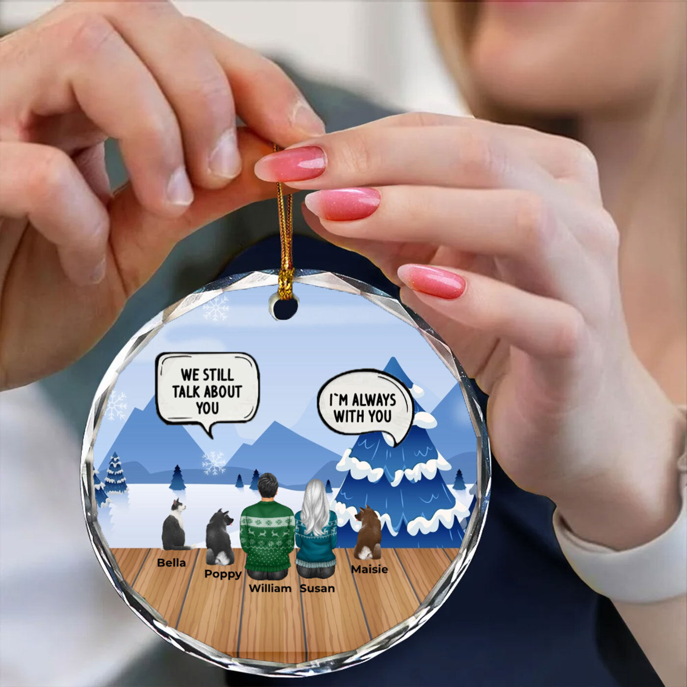 Customizable Crystal Glass Ornament | Christmas with Family with Pets & Personalized Backgrounds in Round Ornaments