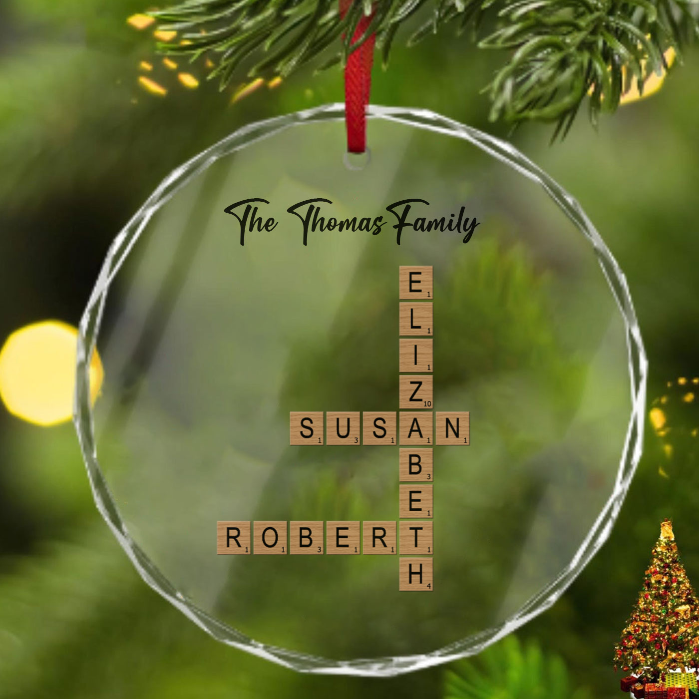 Personalized Crystal Glass Christmas Ornament - Custom Family Crossword Puzzle