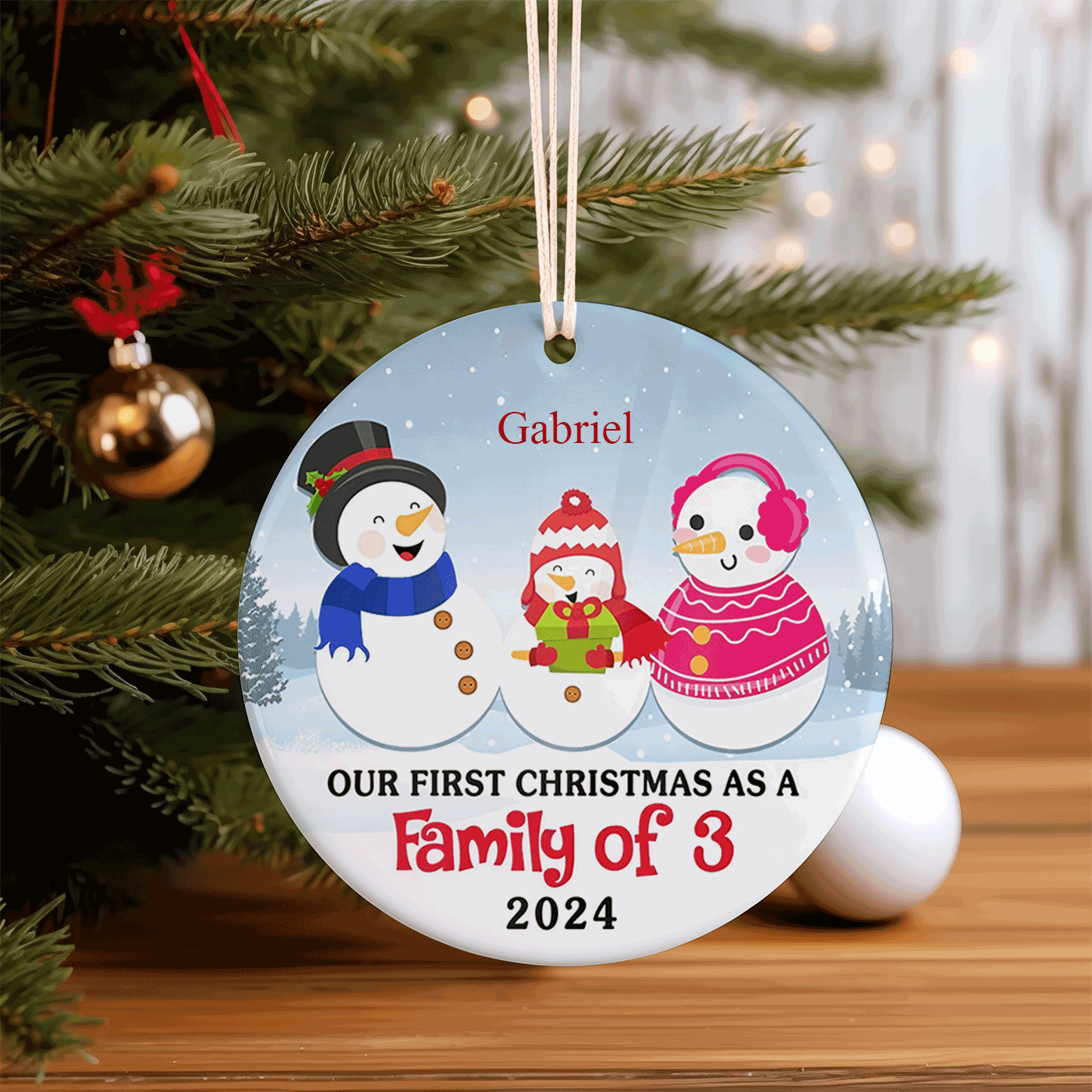 Snowman Family Keepsake | Our First Christmas as a Family of 3 | Ceramic Ornament