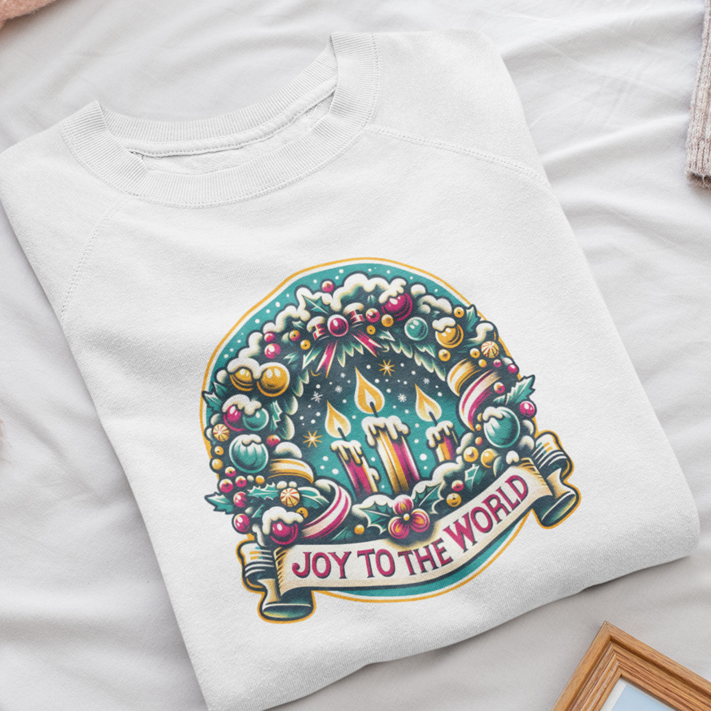 Joy to the World - Festive Christmas Wreath and Candle | Unisex Crewneck Sweatshirts